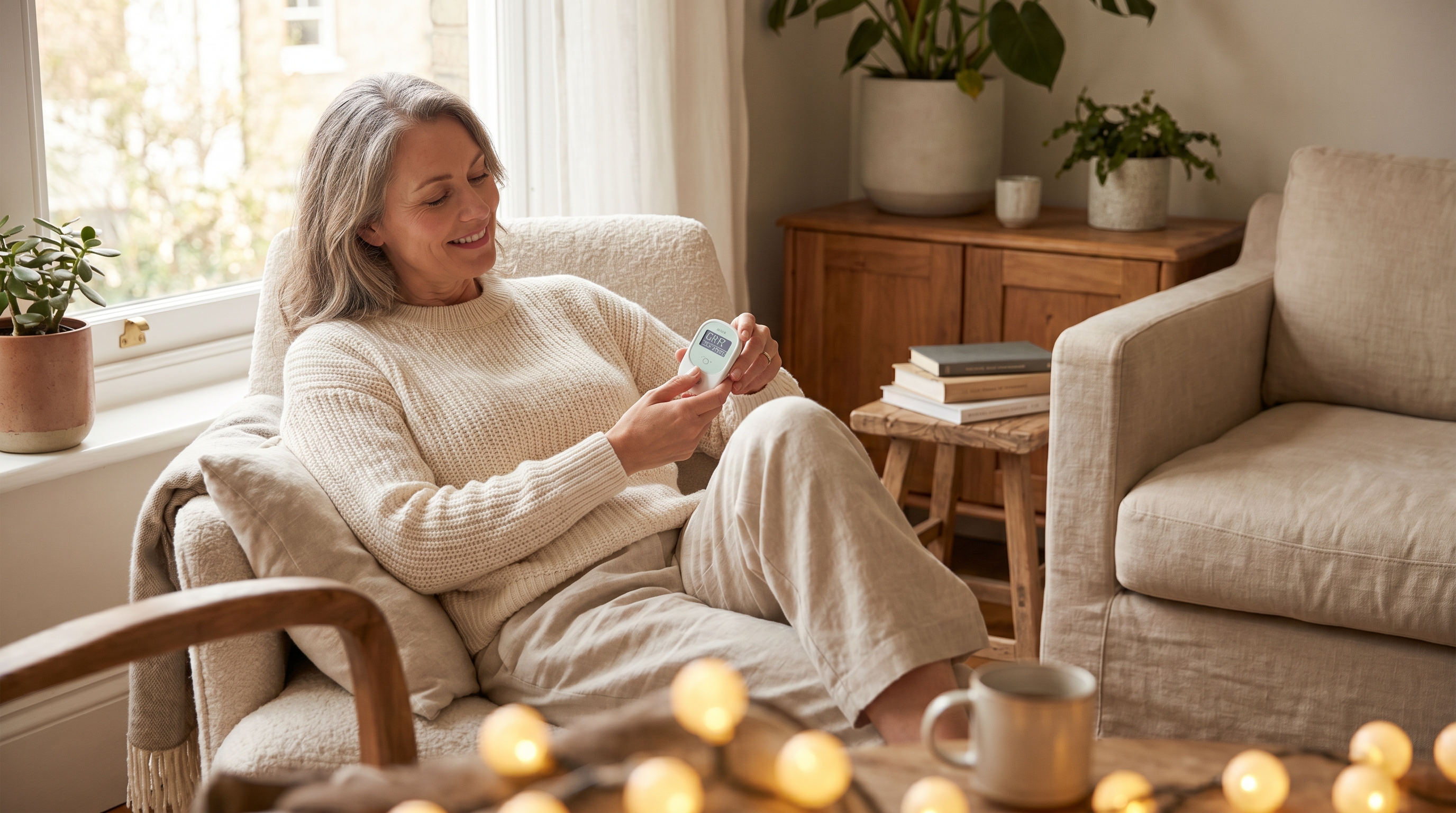 Woman engaging in gentle pelvic floor exercise at home with an electrical stimulation device nearby