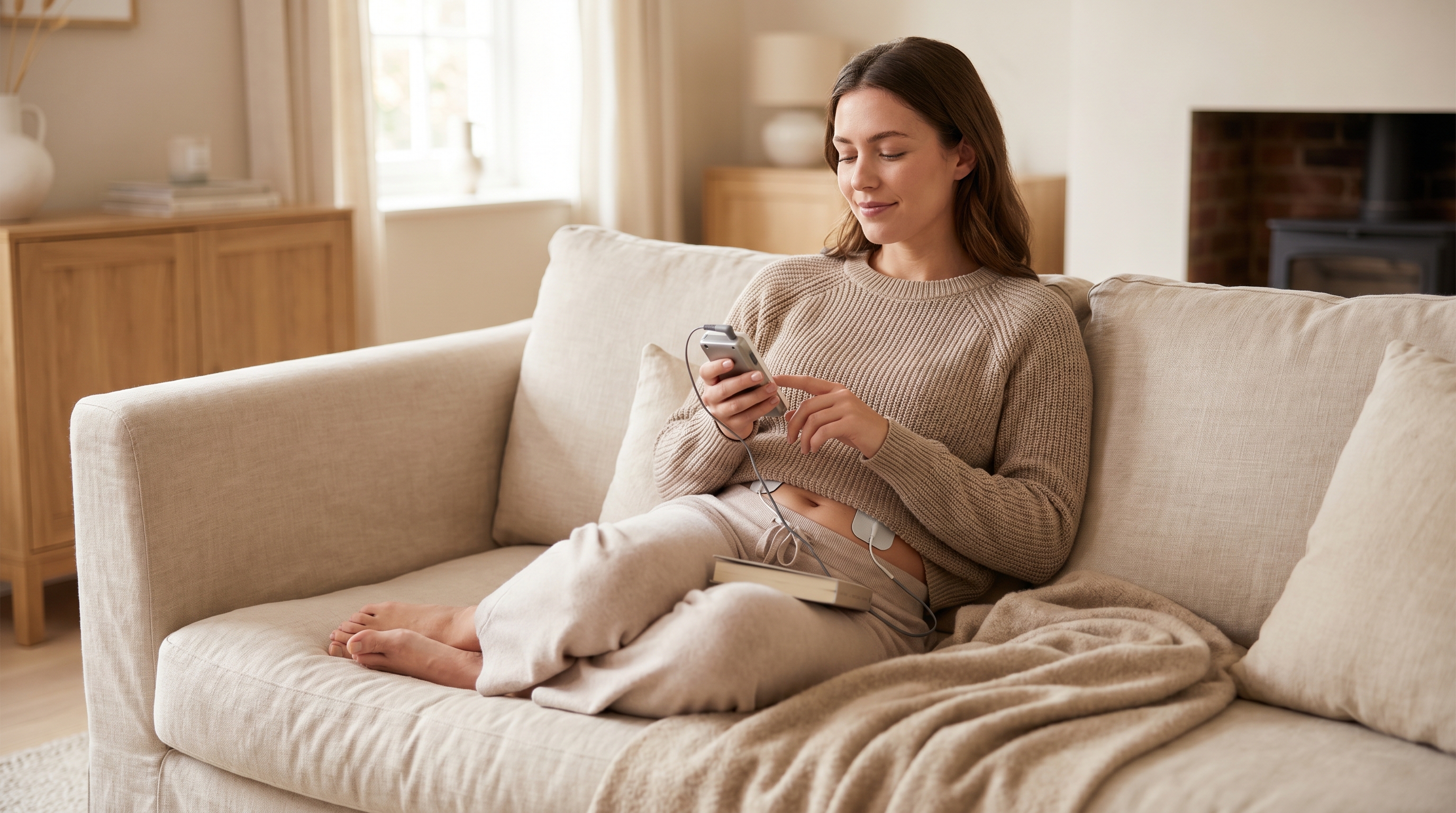 Woman sitting comfortably at home using a TENS unit for menstrual pain relief
