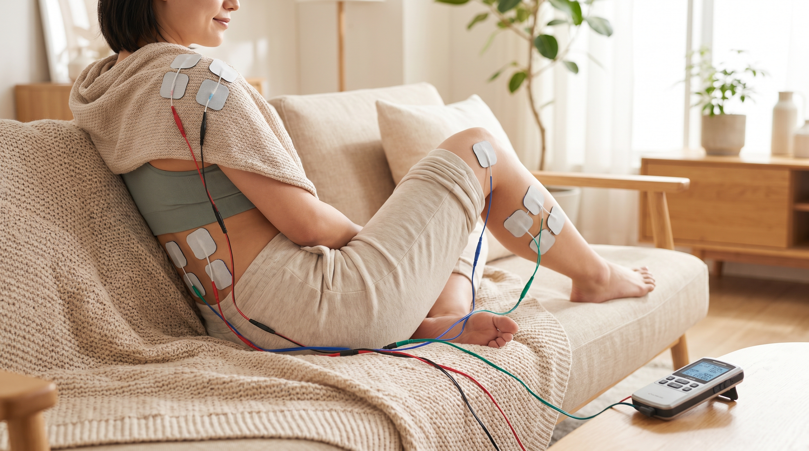 4-Channel TENS EMS device treating multiple body areas simultaneously for drug-free pain relief