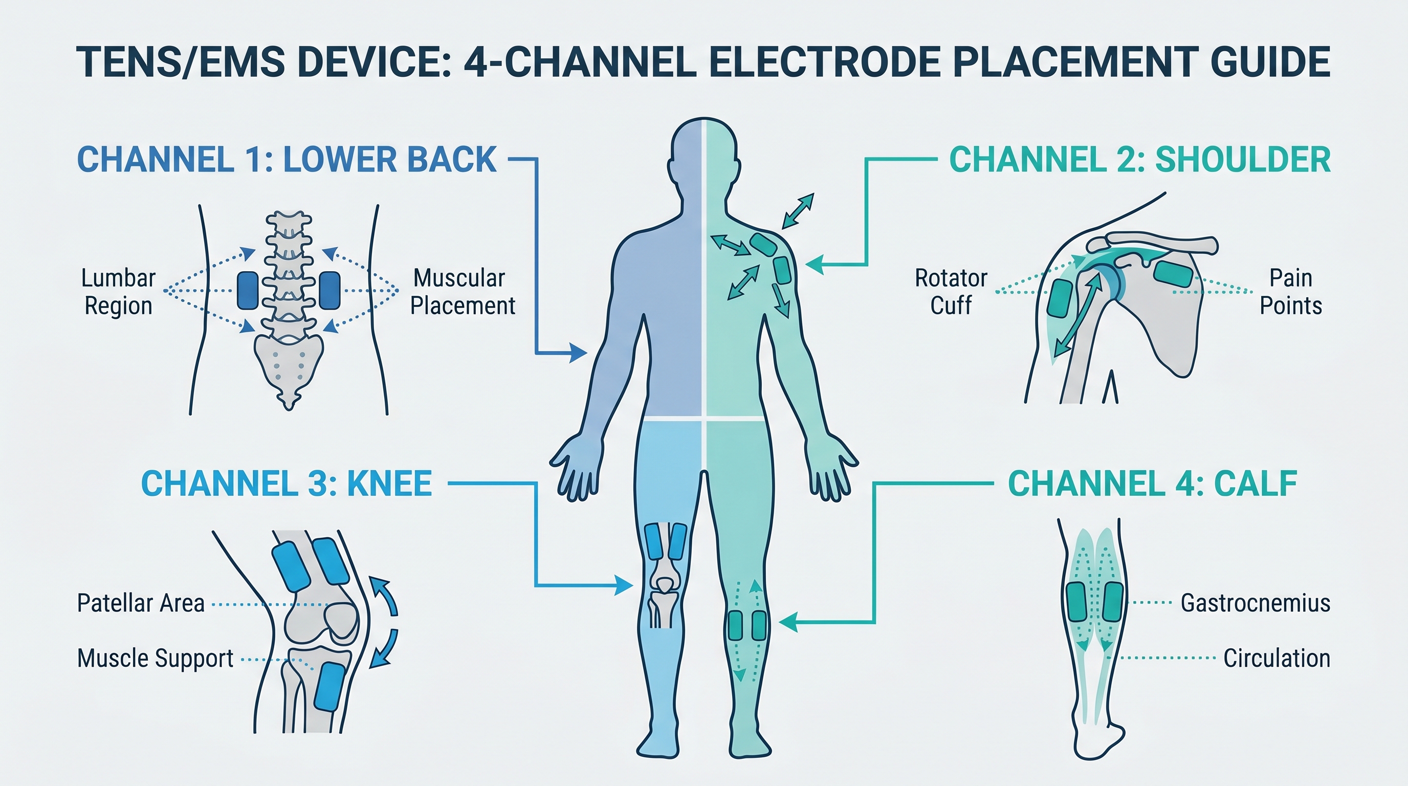 Electrode pad placement guide for 4-channel TENS EMS device showing back, knee, shoulder, and calf treatment zones