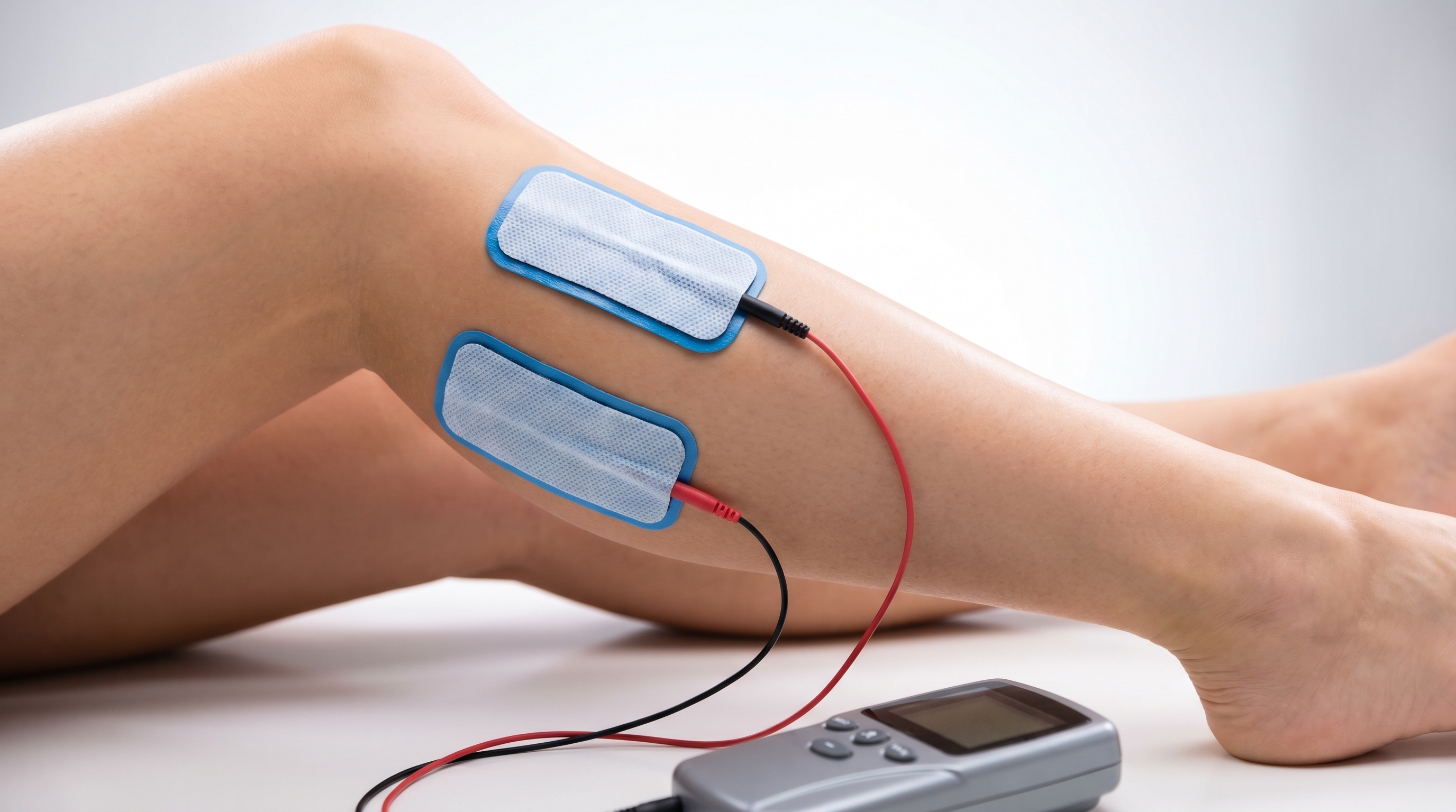 EMS electrode pads placed on calf muscles for blood circulation enhancement and muscle recovery