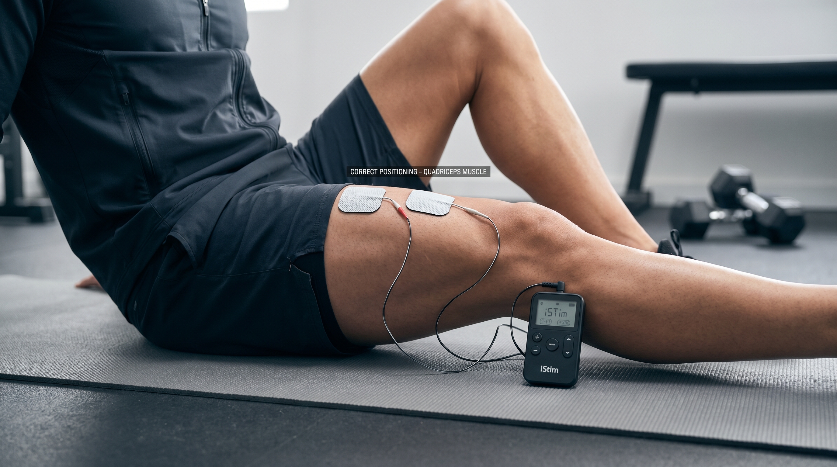 iStim EMS device with electrode pads placed on quadriceps muscle for post-workout recovery and muscle strengthening