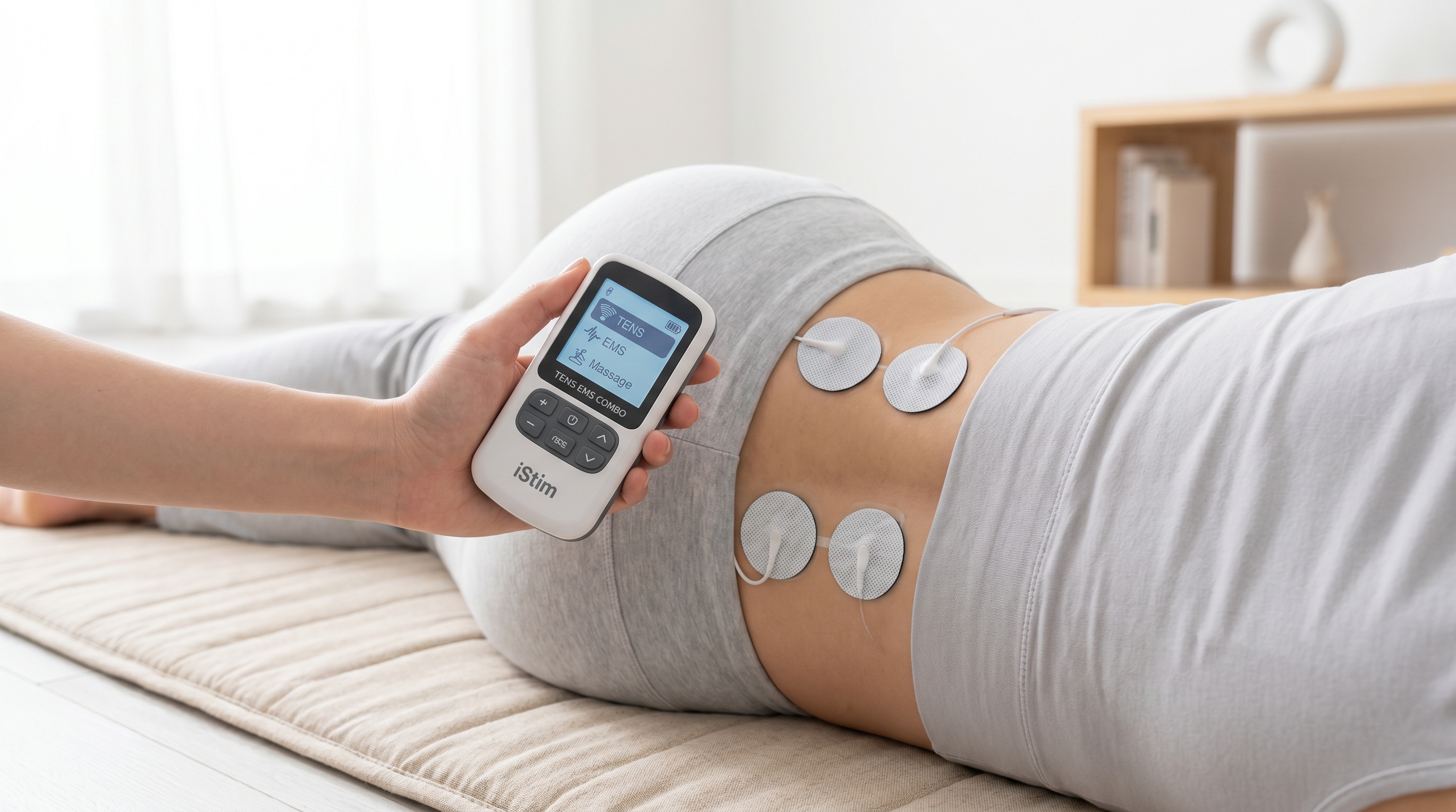 TENS EMS combo device electrode placement for lower back pain relief and muscle recovery at home