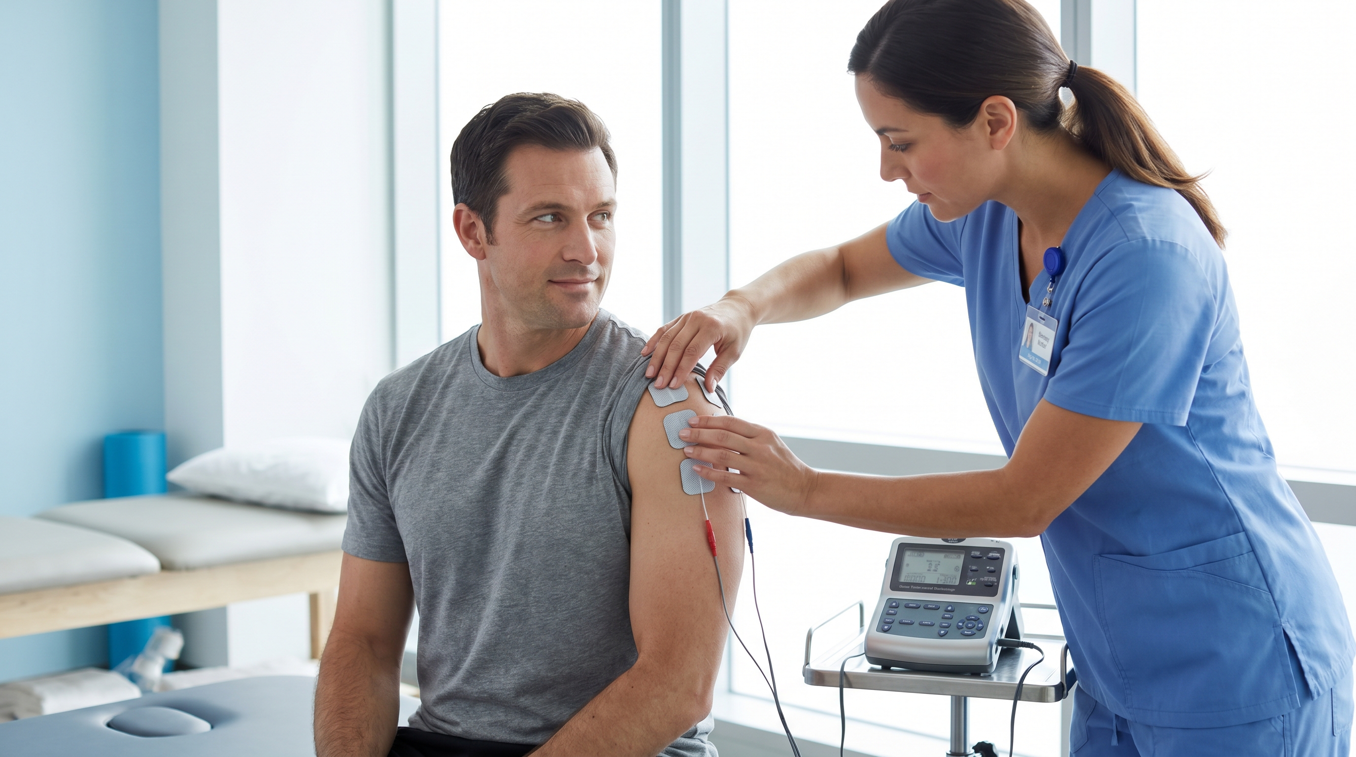 Physical therapist demonstrating safe TENS electrode placement on patient's shoulder during rehabilitation session