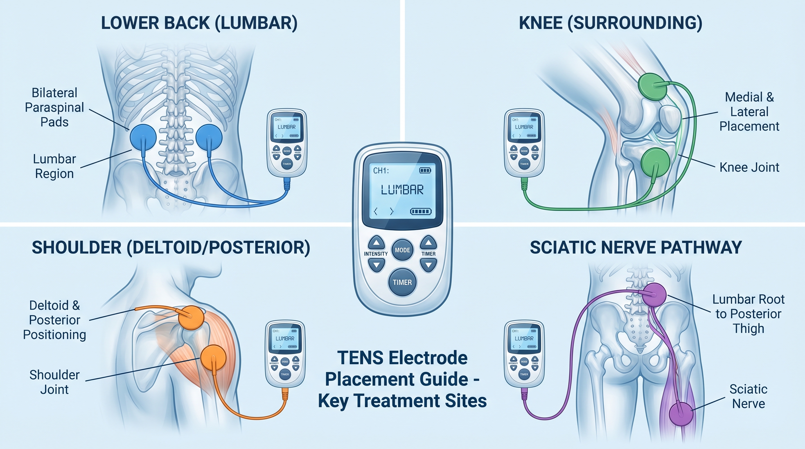 Detailed diagram of TENS electrode placement on lower back, knee, shoulder, and sciatic nerve pathway for at-home pain relief