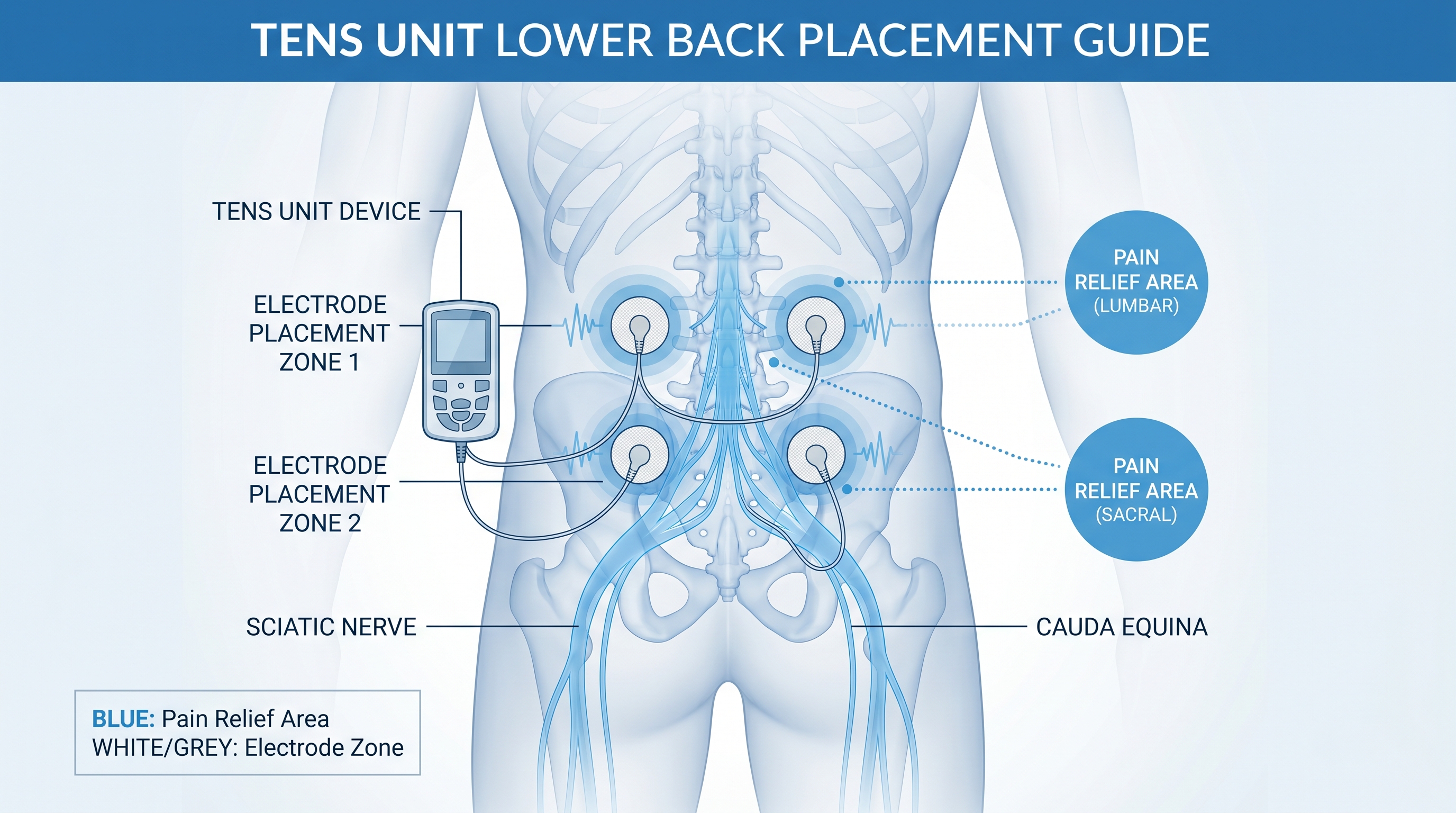 Diagram showing TENS electrode placement on lower back for chronic pain relief and nerve stimulation