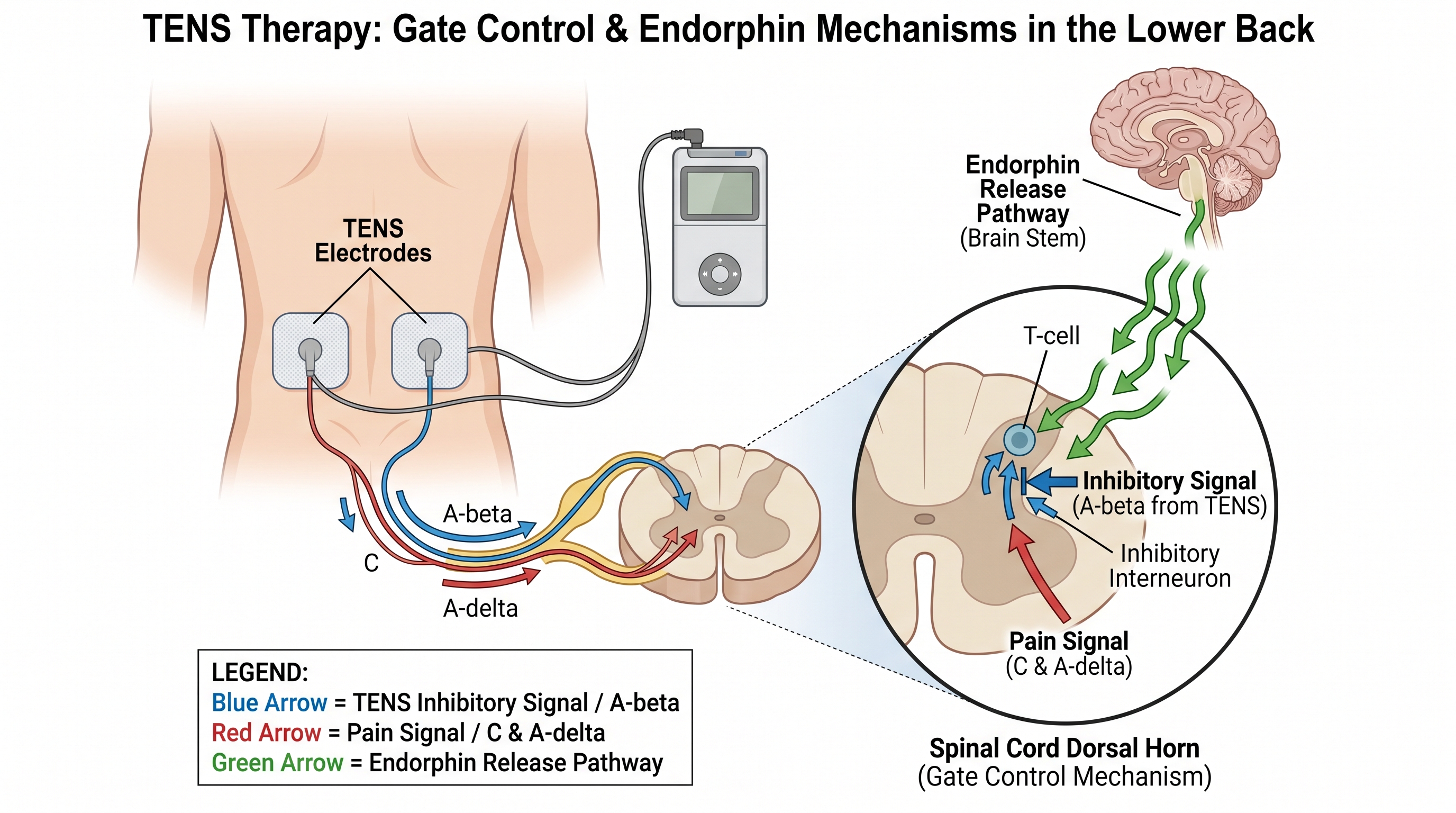 TENS electrode placement diagram showing nerve fiber stimulation pathways for pain signal blocking