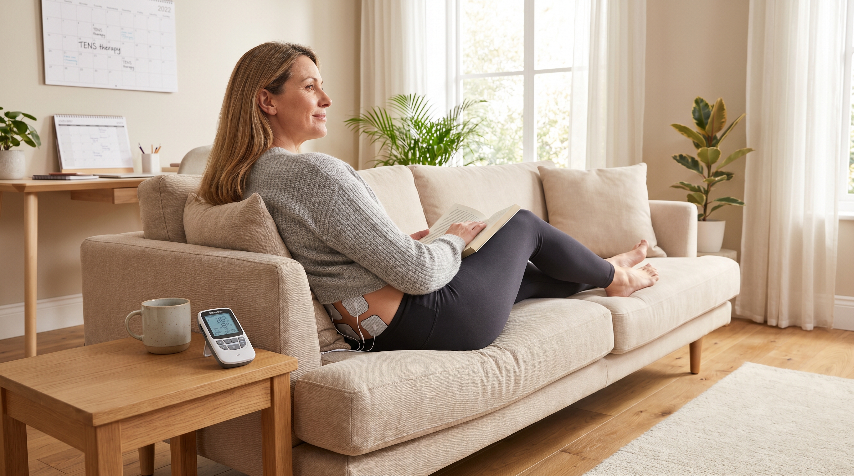 A person using a TENS/EMS combo device at home for weekly pain relief and muscle training