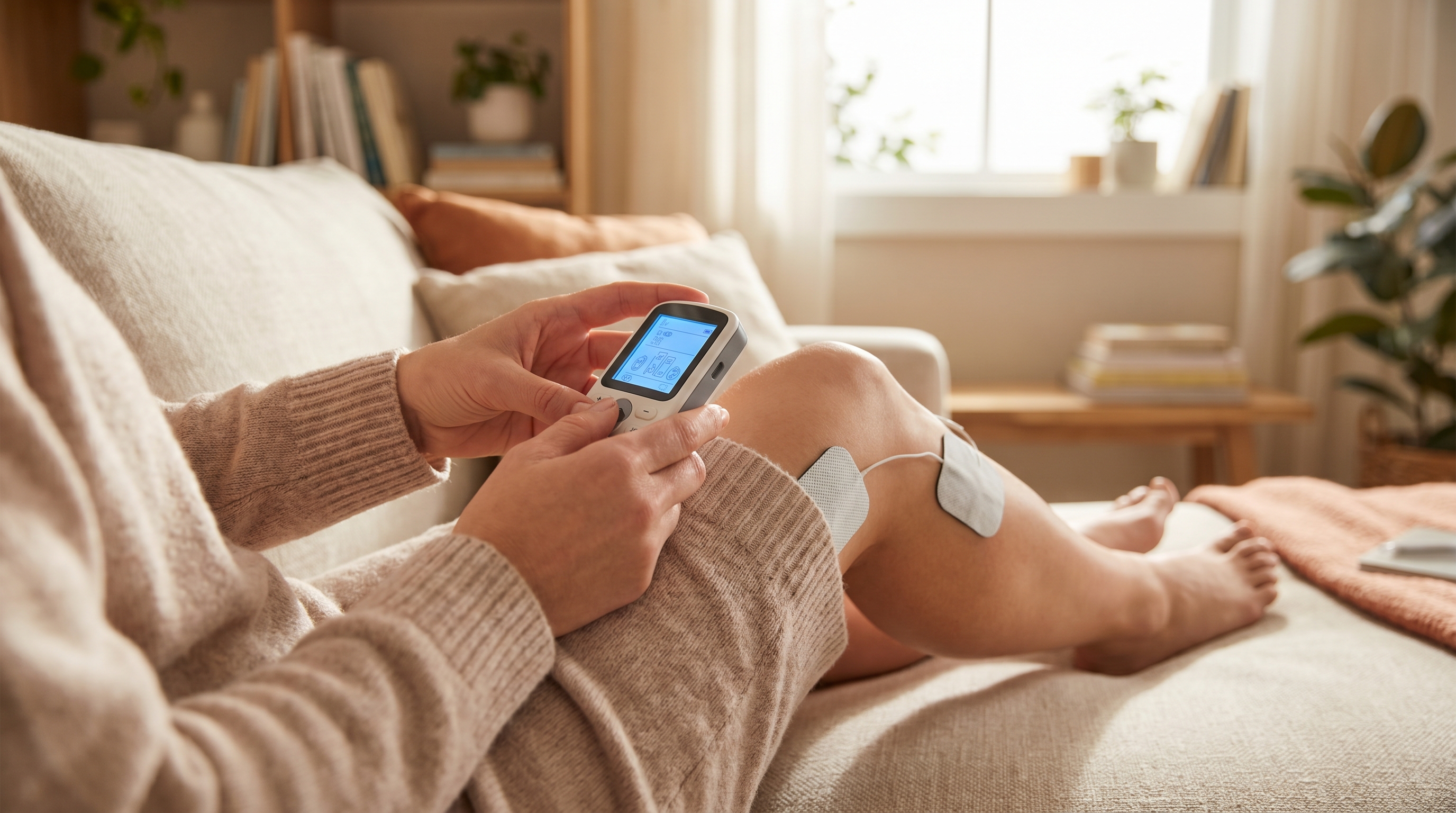 TENS therapy for arthritis joint pain relief with electrode pad placement on knee