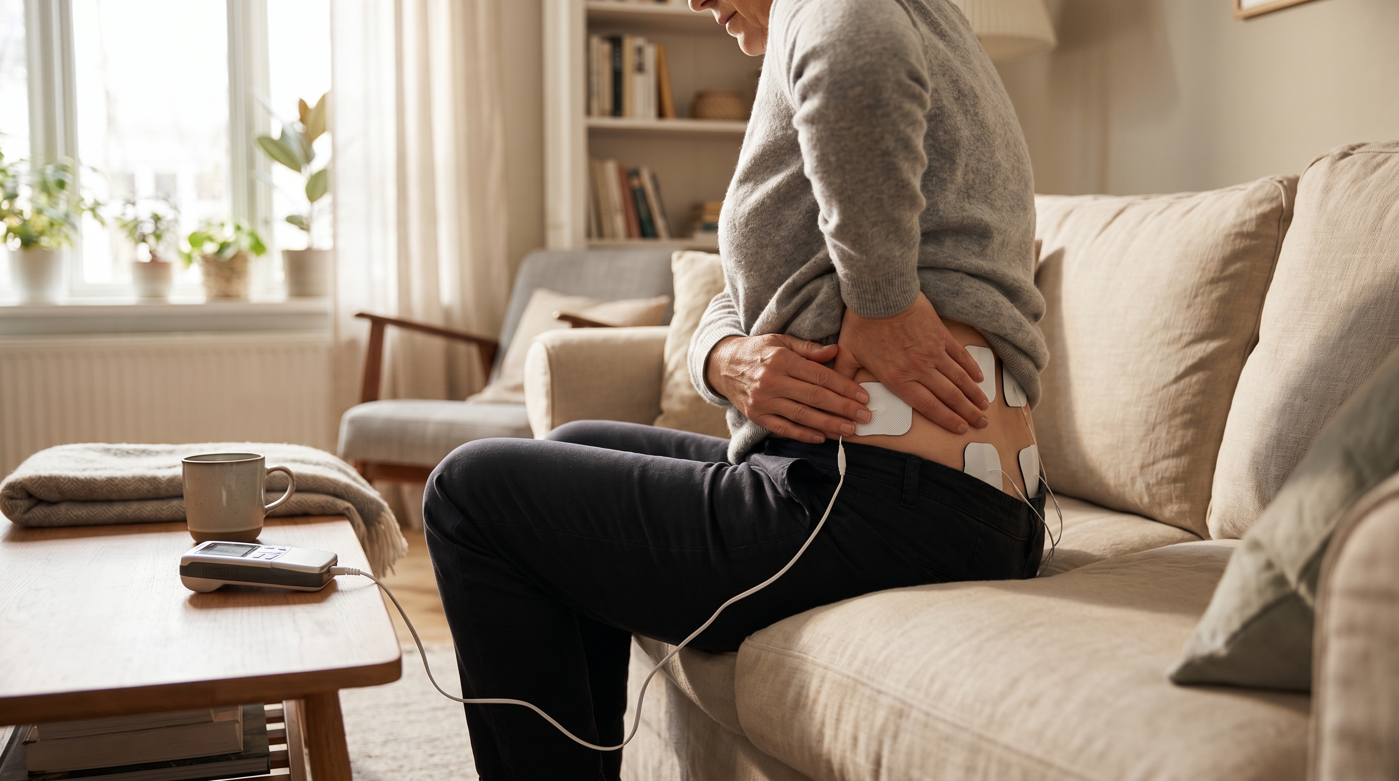 A person using a TENS unit on their lower back for drug-free pain relief at home