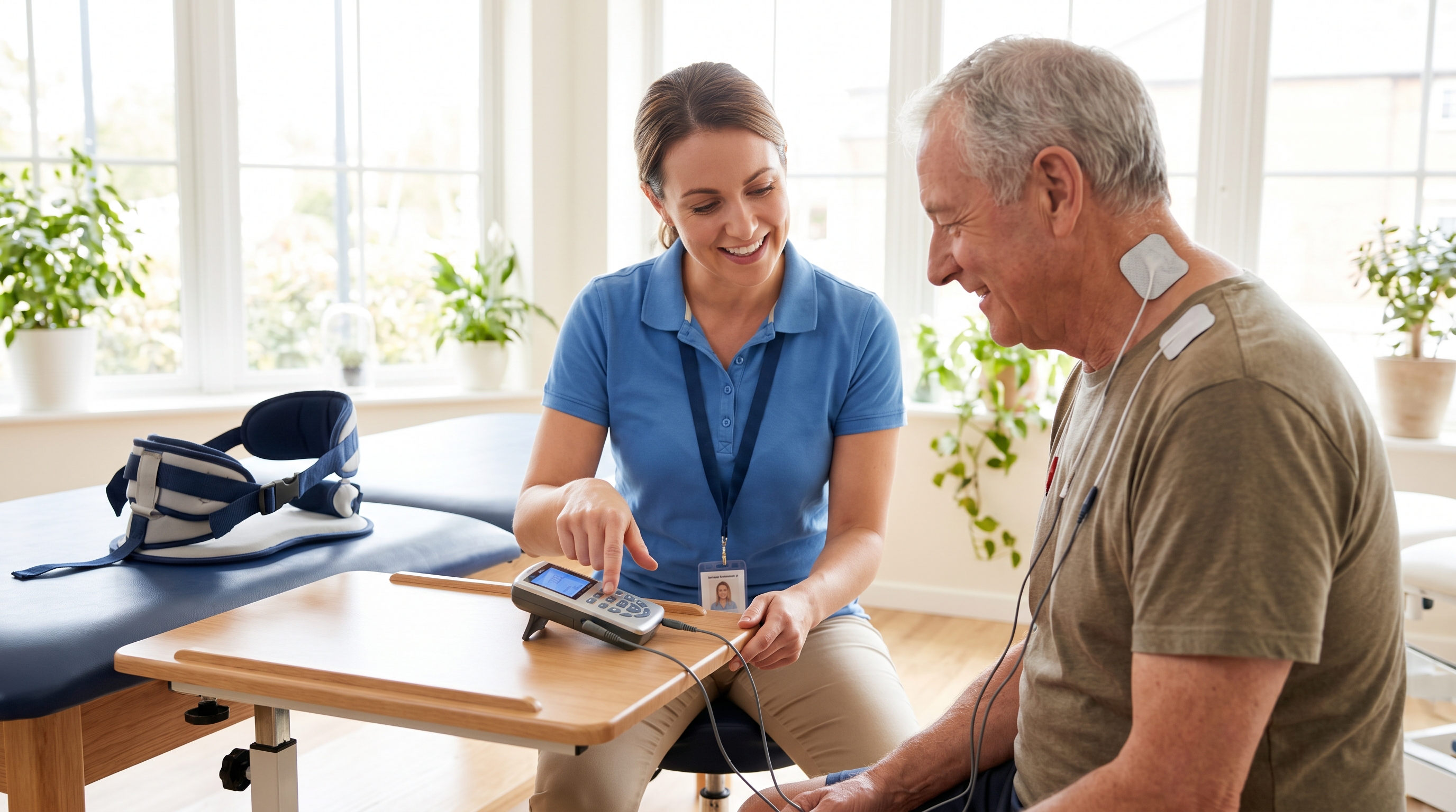 Physical therapist guiding patient through cervical traction and TENS electrotherapy combination treatment