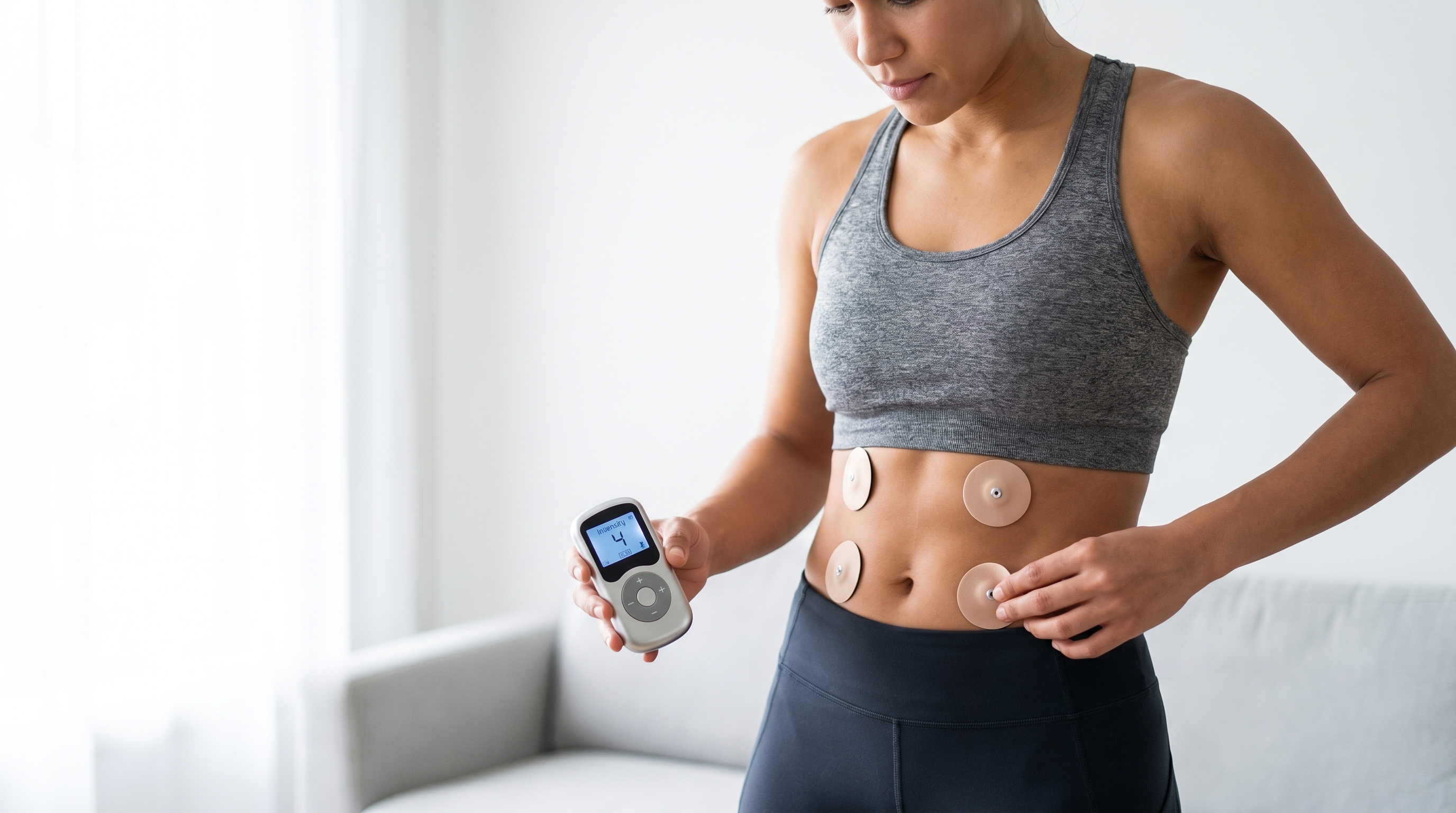 EMS muscle toning device used at home for cosmetic body sculpting and muscle definition
