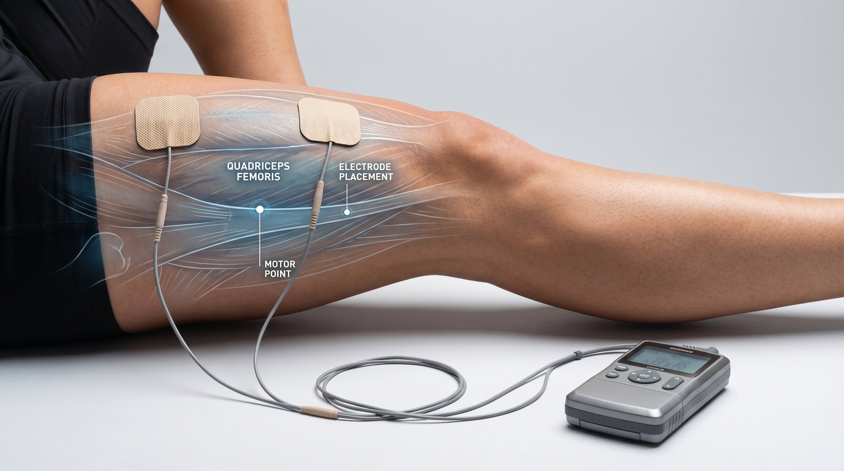 Professional-grade EMS electrode placement on quadriceps muscle for athletic recovery and neuromuscular stimulation