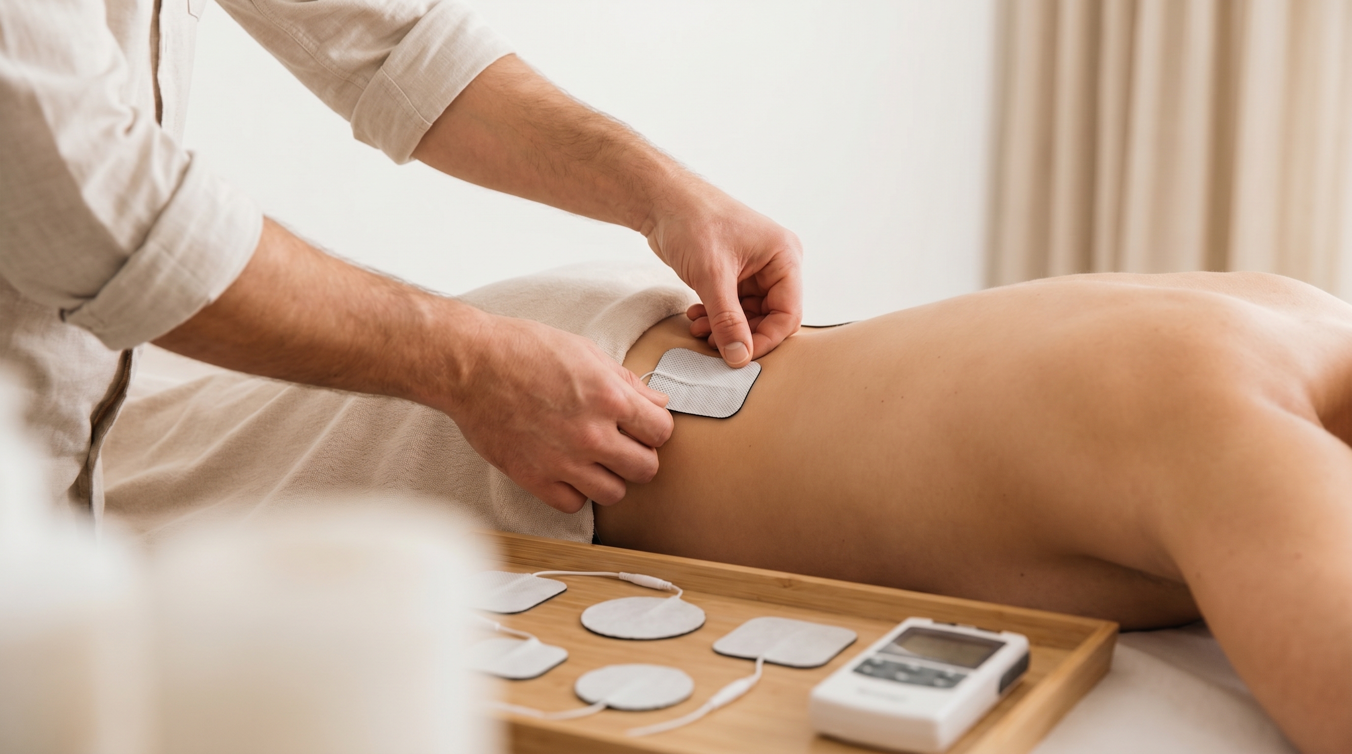 A person placing electrode pads on their lower back for TENS therapy pain relief