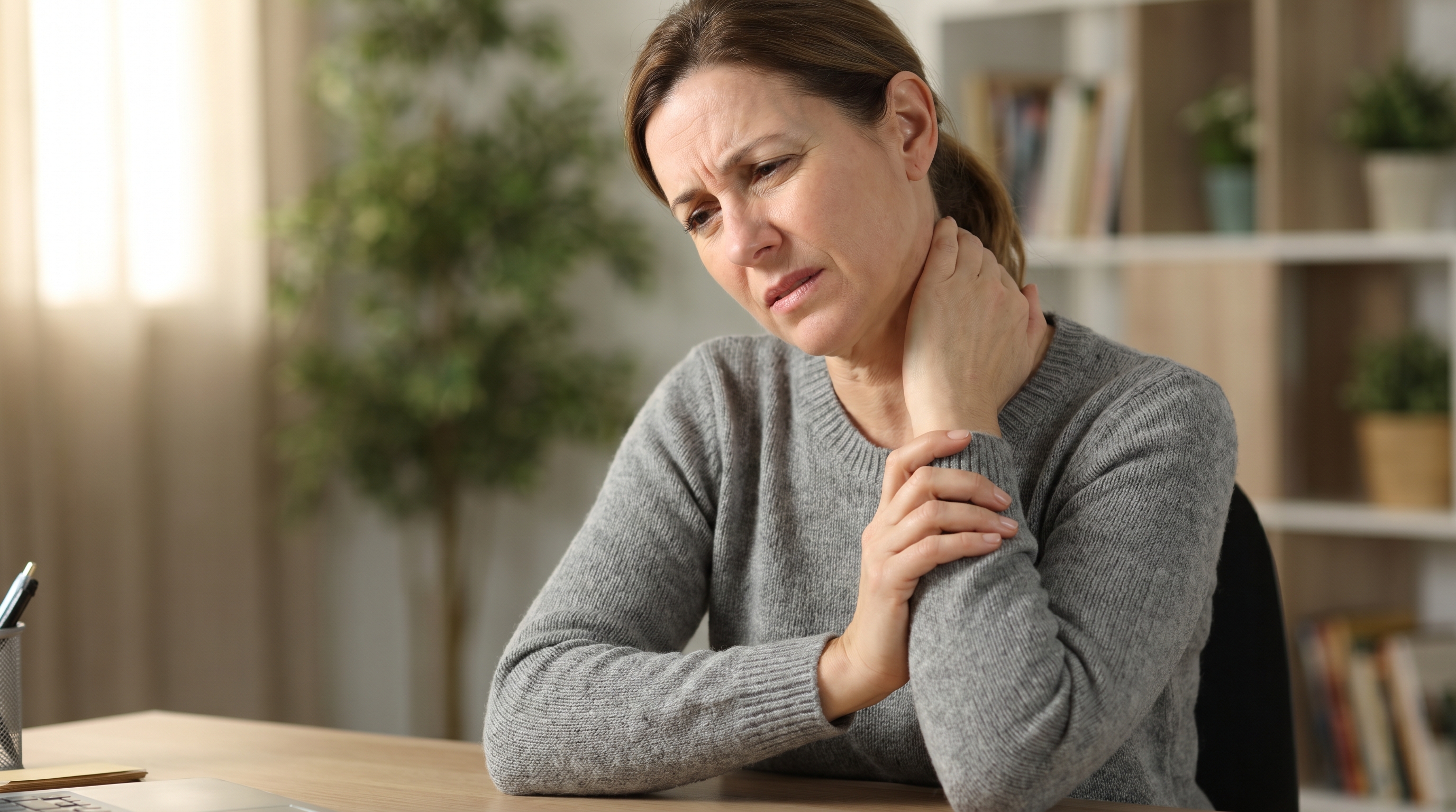 Pinched Nerve in the Neck: A person holding their neck in pain, illustrating cervical nerve compression symptoms
