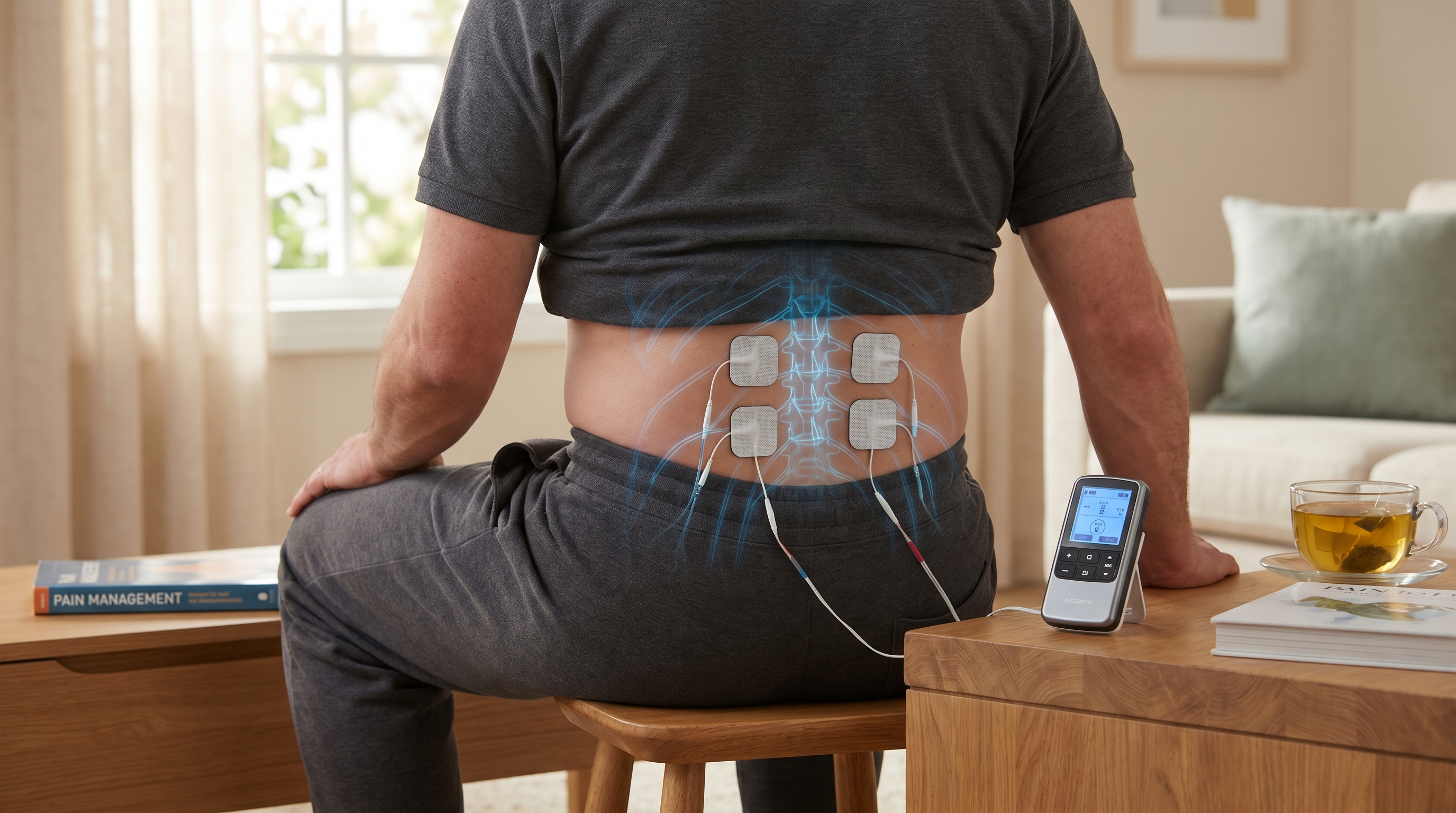 TENS electrode pad placement on lower back for chronic pain and endorphin-based relief