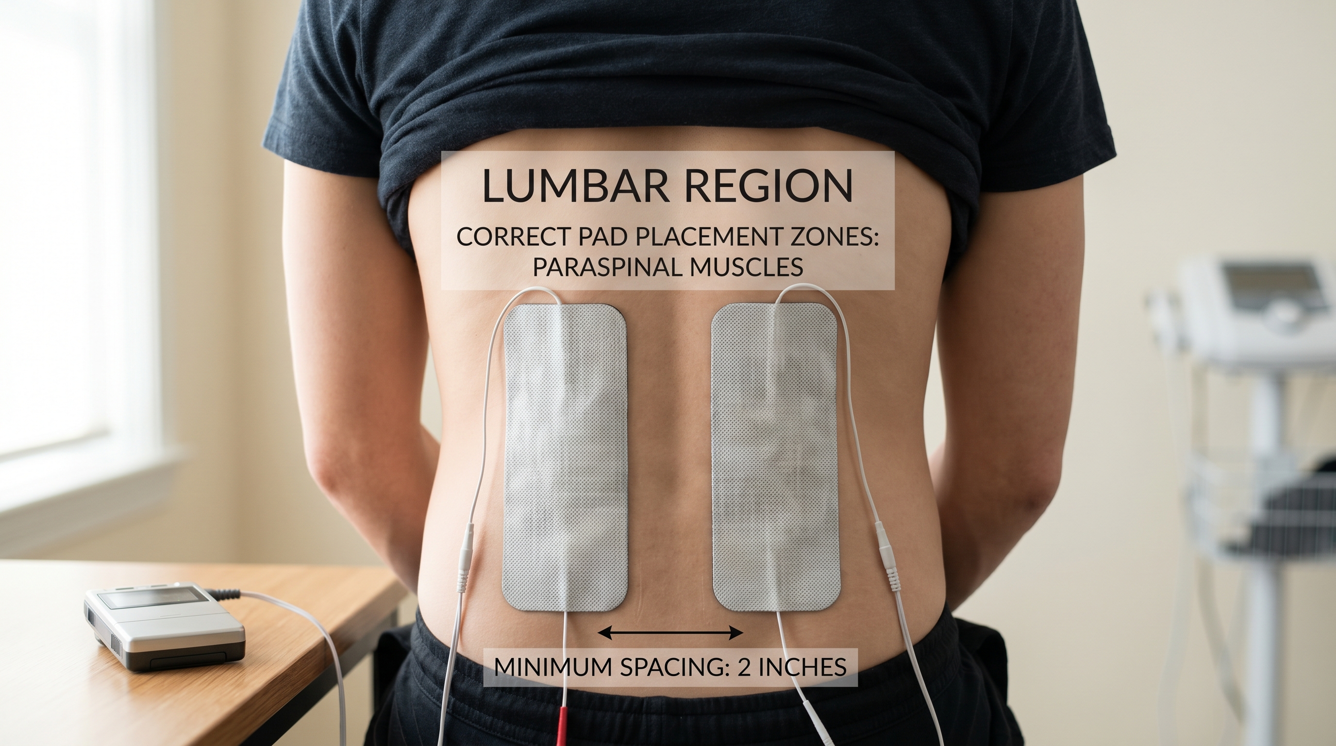 TENS electrode pad placement on lower back showing correct size selection and adhesive positioning for pain relief