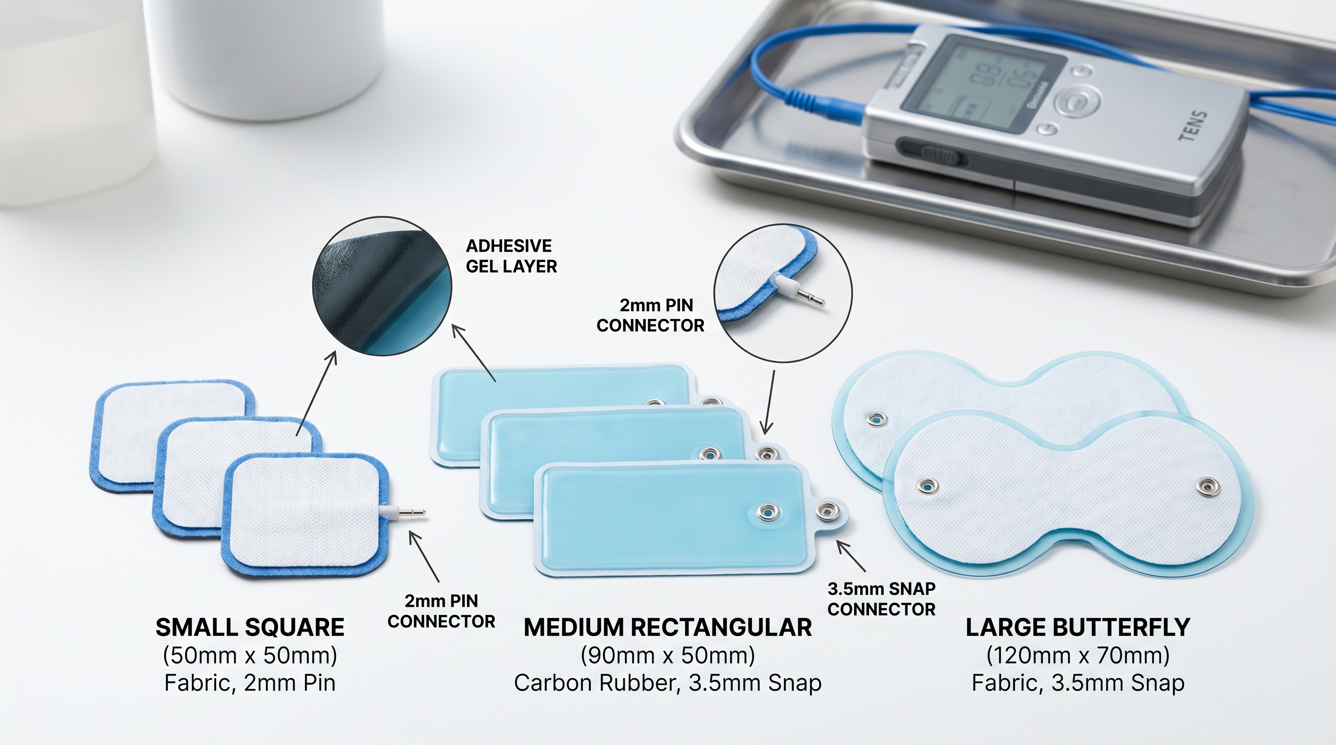 TENS Electrode Pad Buyer's Guide showing various pad sizes, materials, and compatible devices for effective pain relief