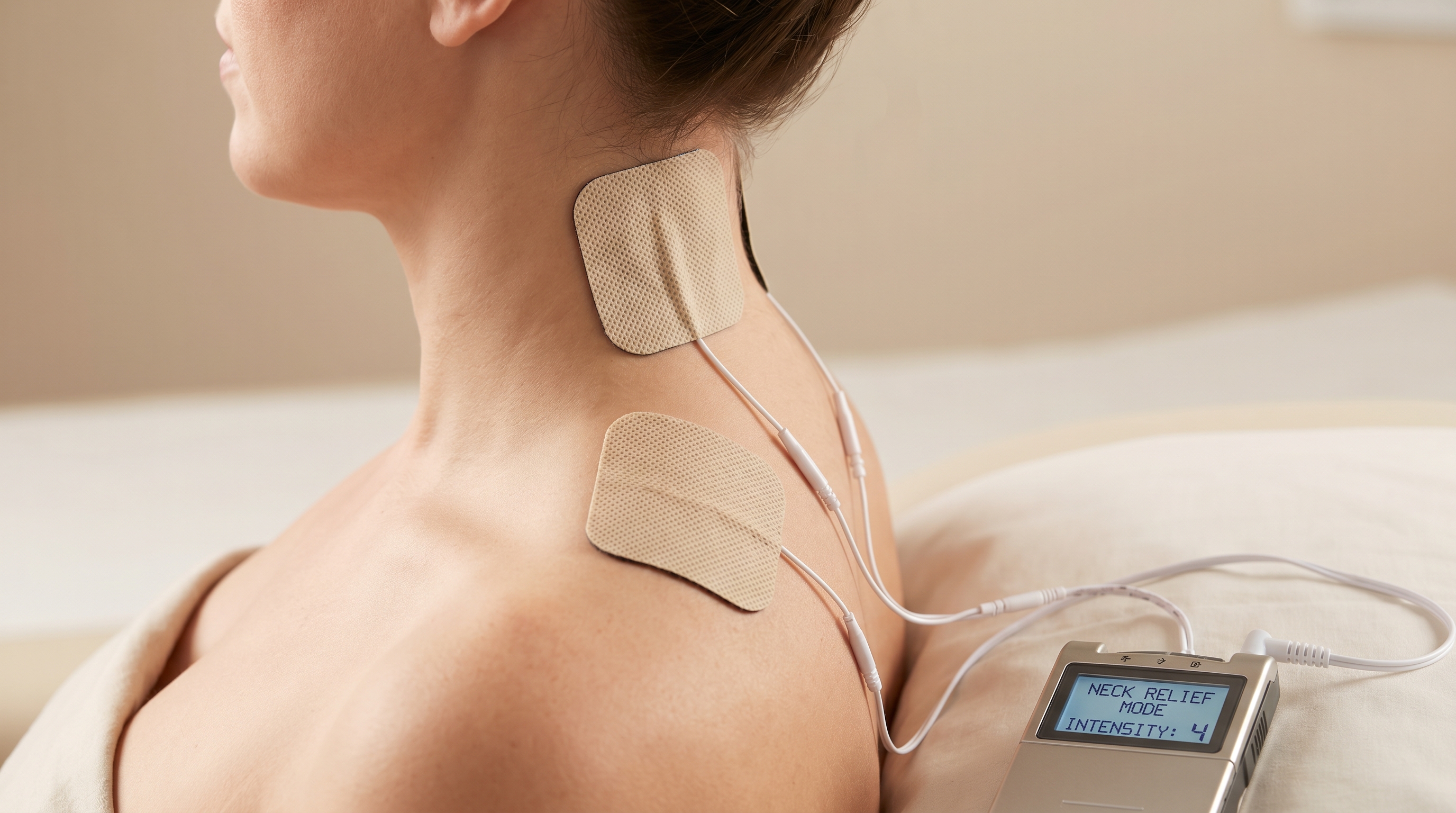 TENS electrode placement on neck and shoulder for pinched nerve pain relief using iStim device