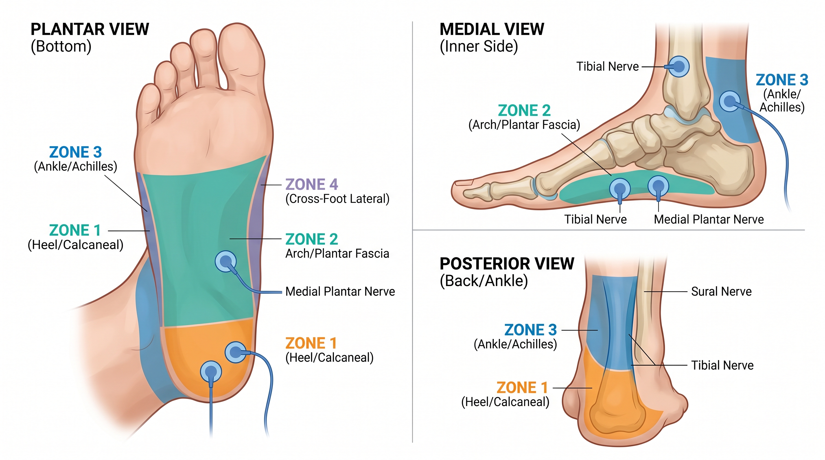 Detailed TENS electrode placement zones on the foot sole and ankle for plantar fasciitis and heel pain relief