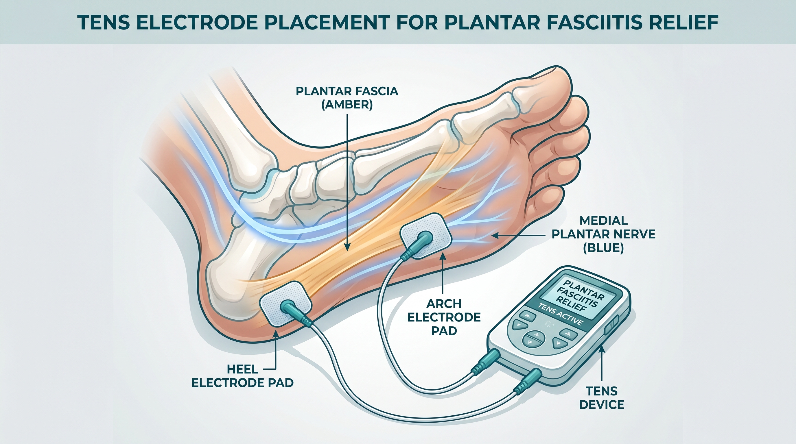 TENS pad placement diagram showing electrode positions on foot and heel for plantar fasciitis pain relief
