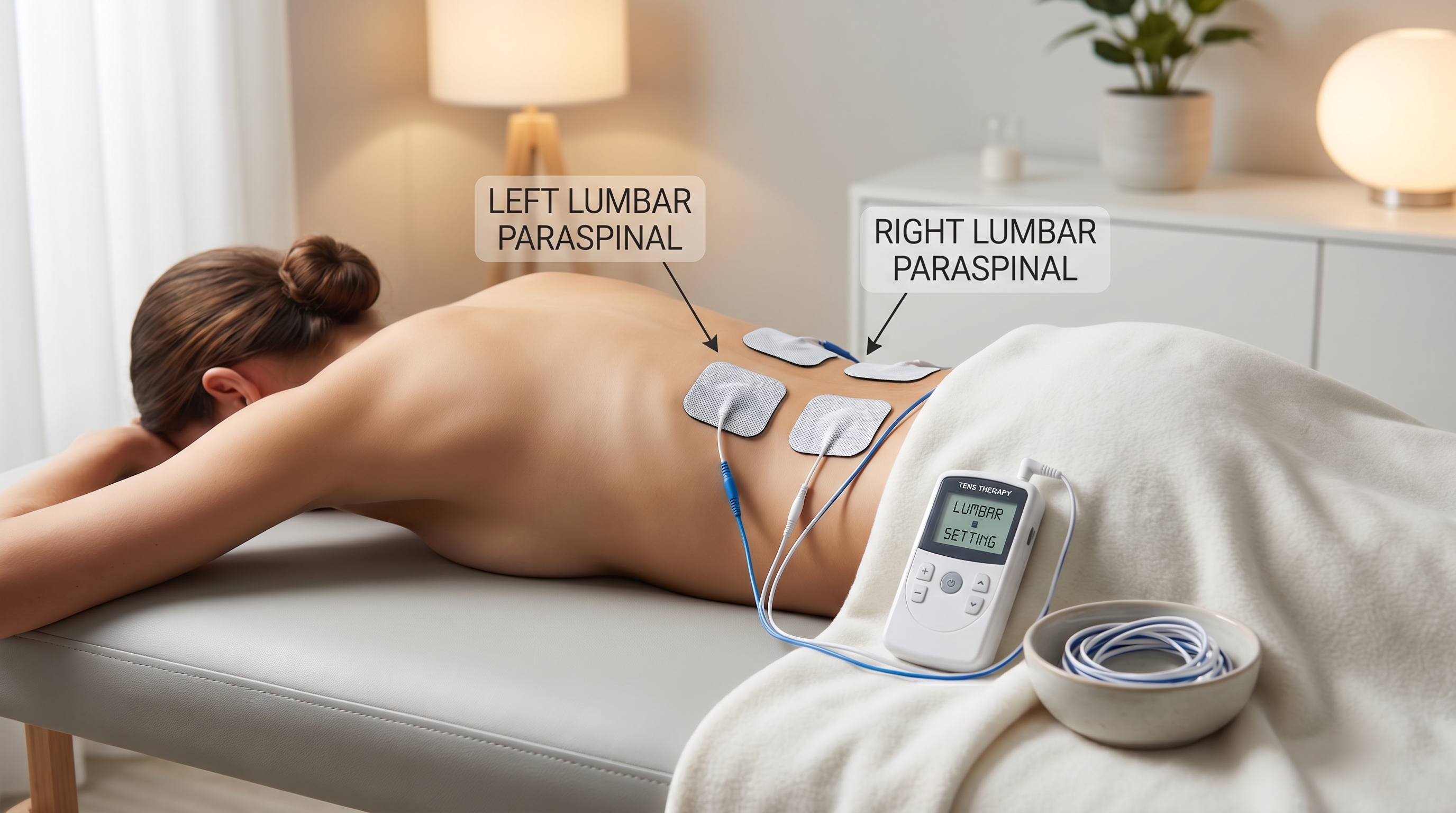 TENS unit electrode placement on lower back for spinal decompression pain relief at home