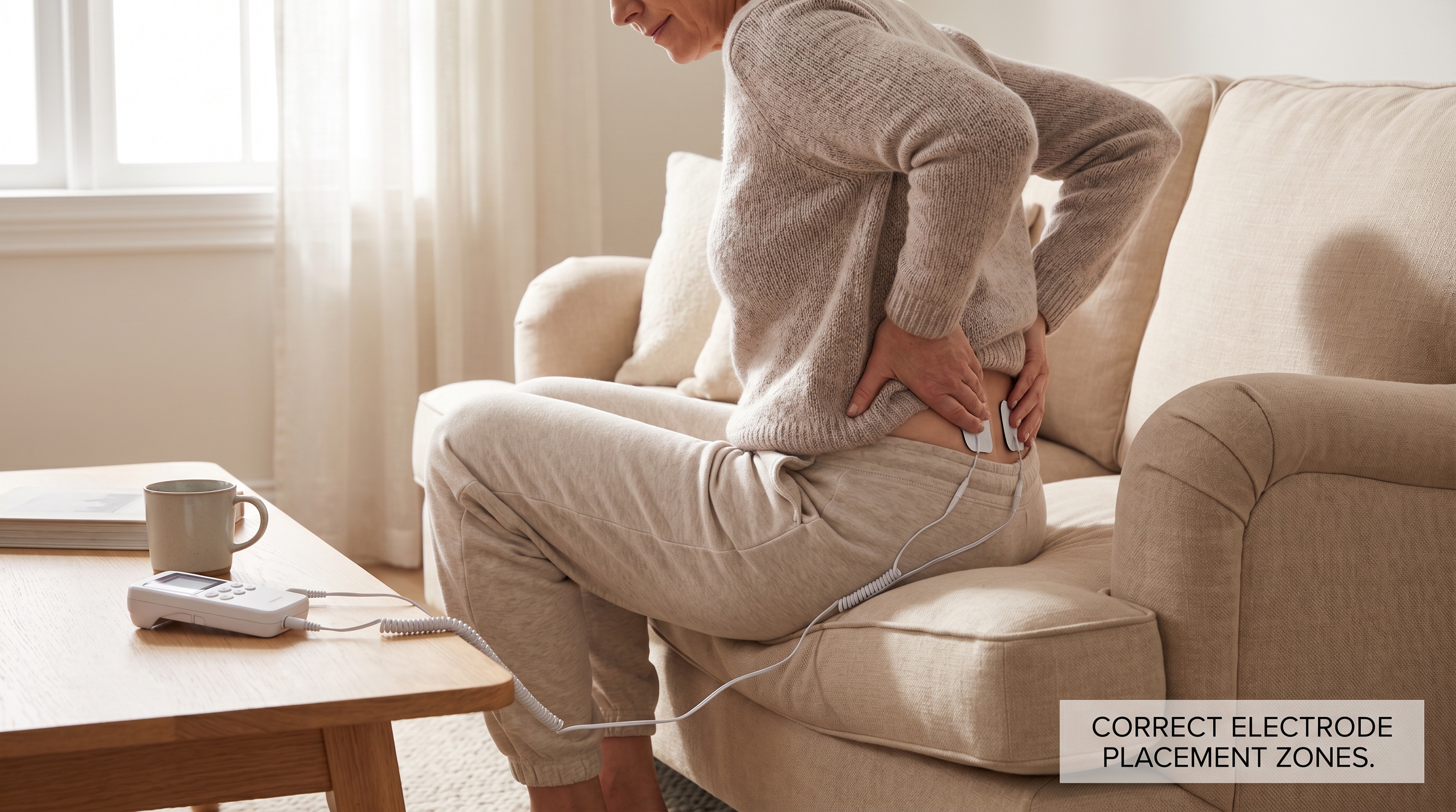 Person using a wired TENS unit at home for chronic back pain relief with proper electrode placement