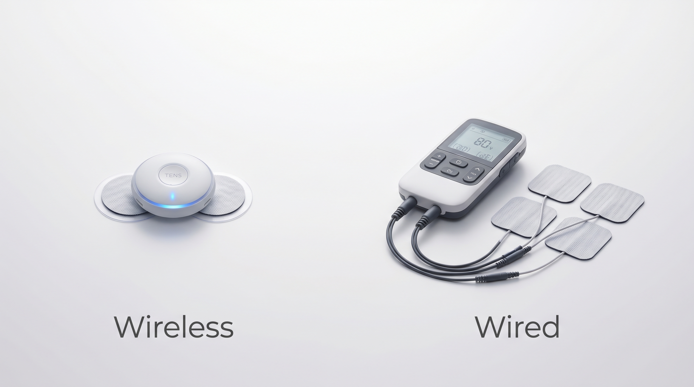 Wireless vs. Wired TENS units side by side showing convenience and portability for drug-free pain relief