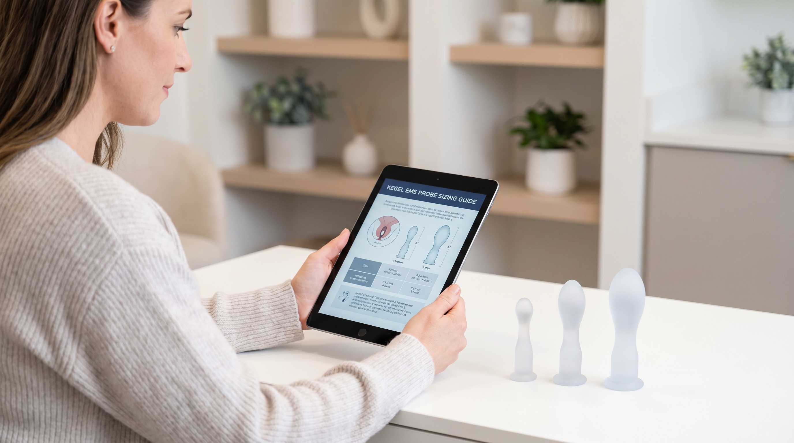 Woman reviewing Kegel EMS probe sizing guide on tablet with device on table