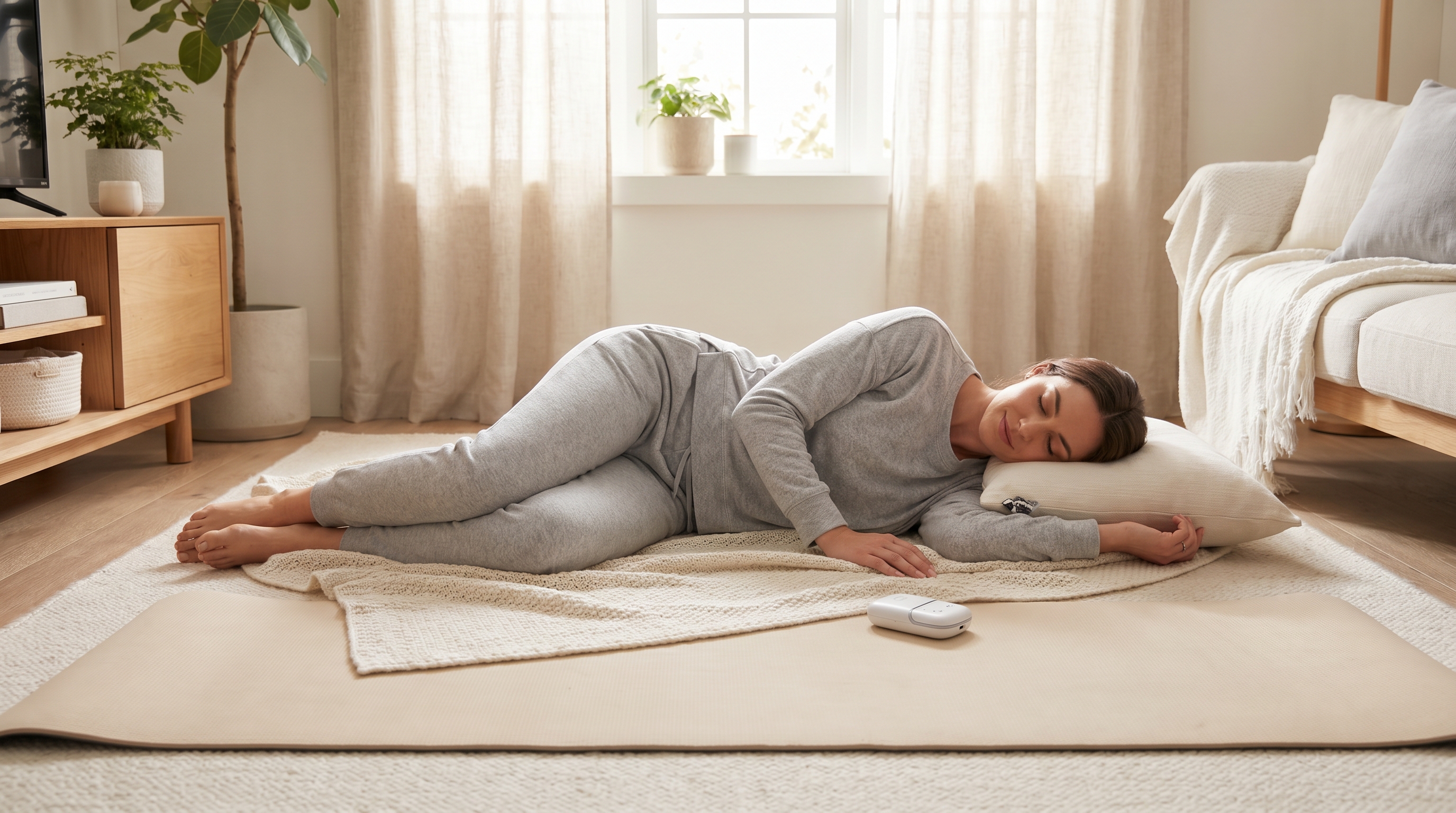 Woman resting comfortably during EMS Kegel pelvic floor therapy session at home with device