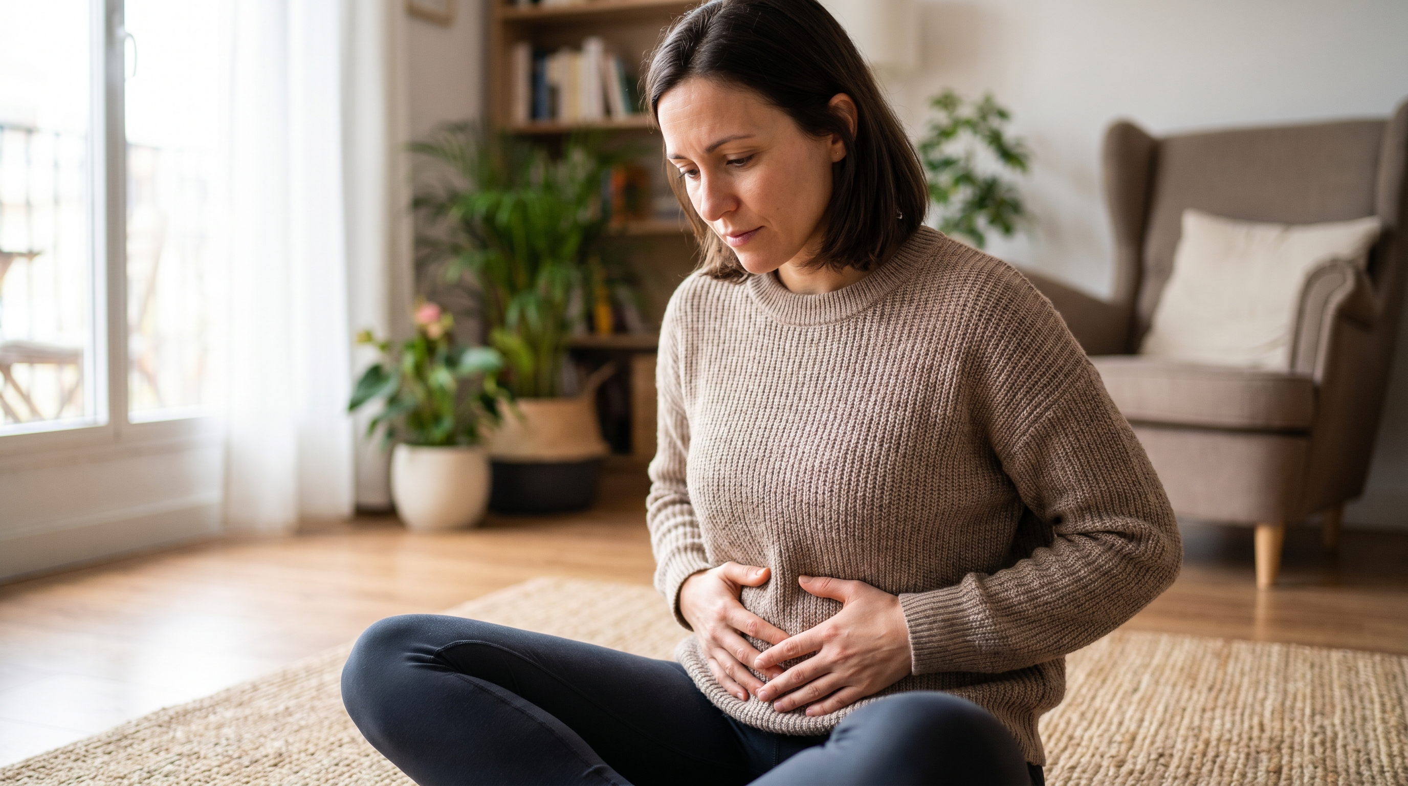 A woman sitting on a yoga mat holding her lower abdomen, looking uncomfortable — illustrating signs of a weak pelvic floor and pelvic floor dysfunction symptoms