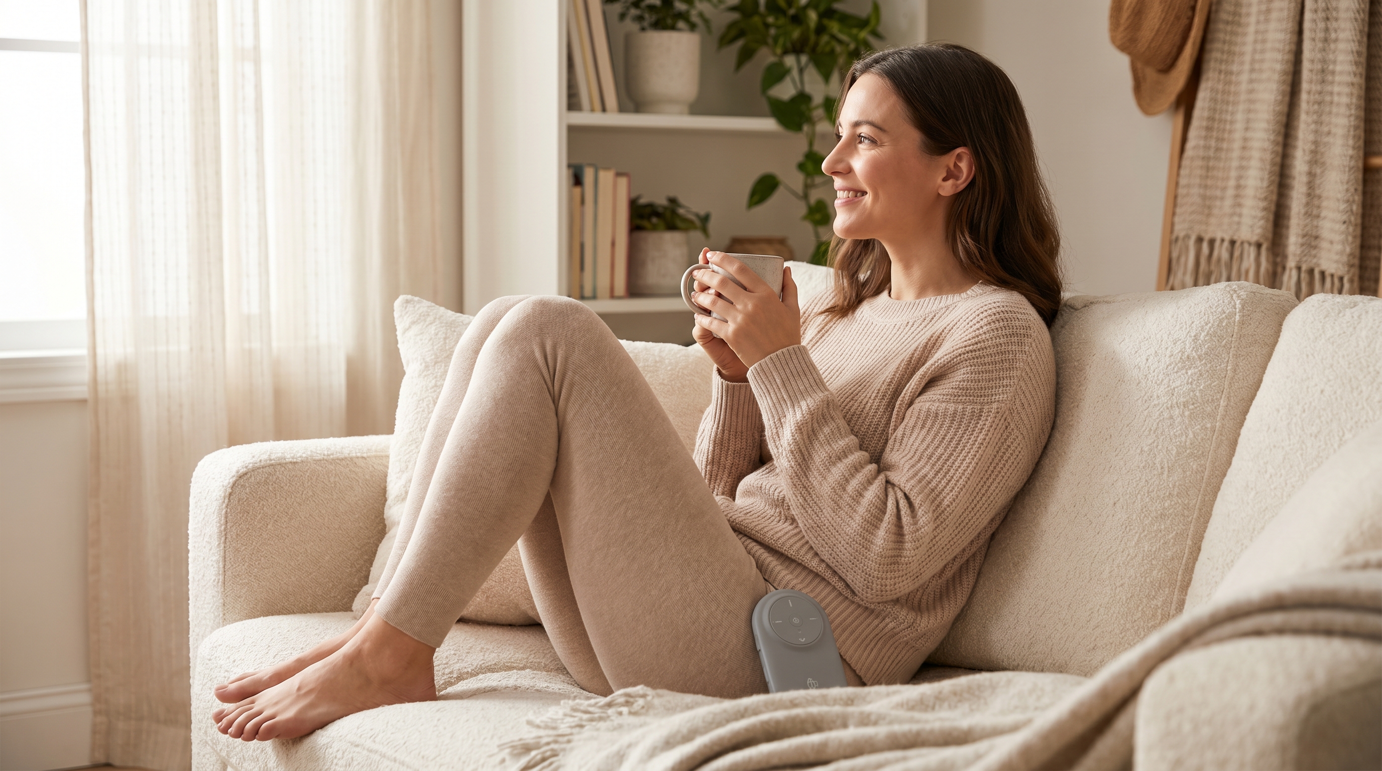 A woman performing EMS Kegel exercises at home using a pelvic floor stimulator device for pelvic floor strengthening