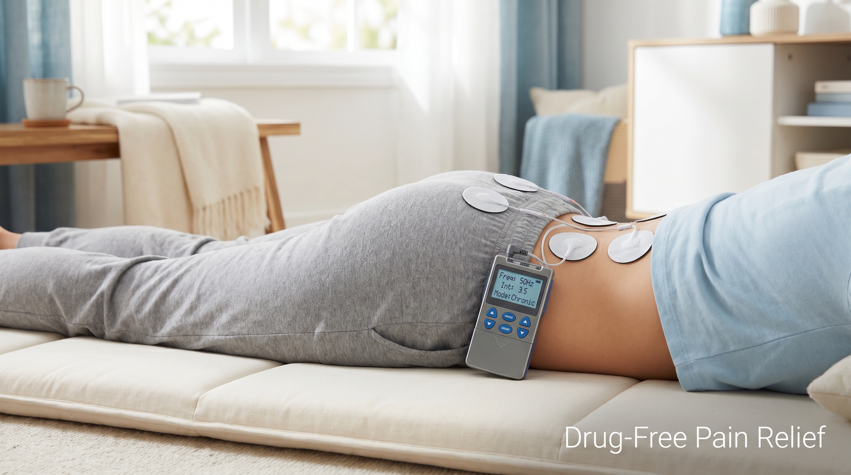 Digital TENS unit with electrode placement on lower back for chronic pain management and drug-free pain relief