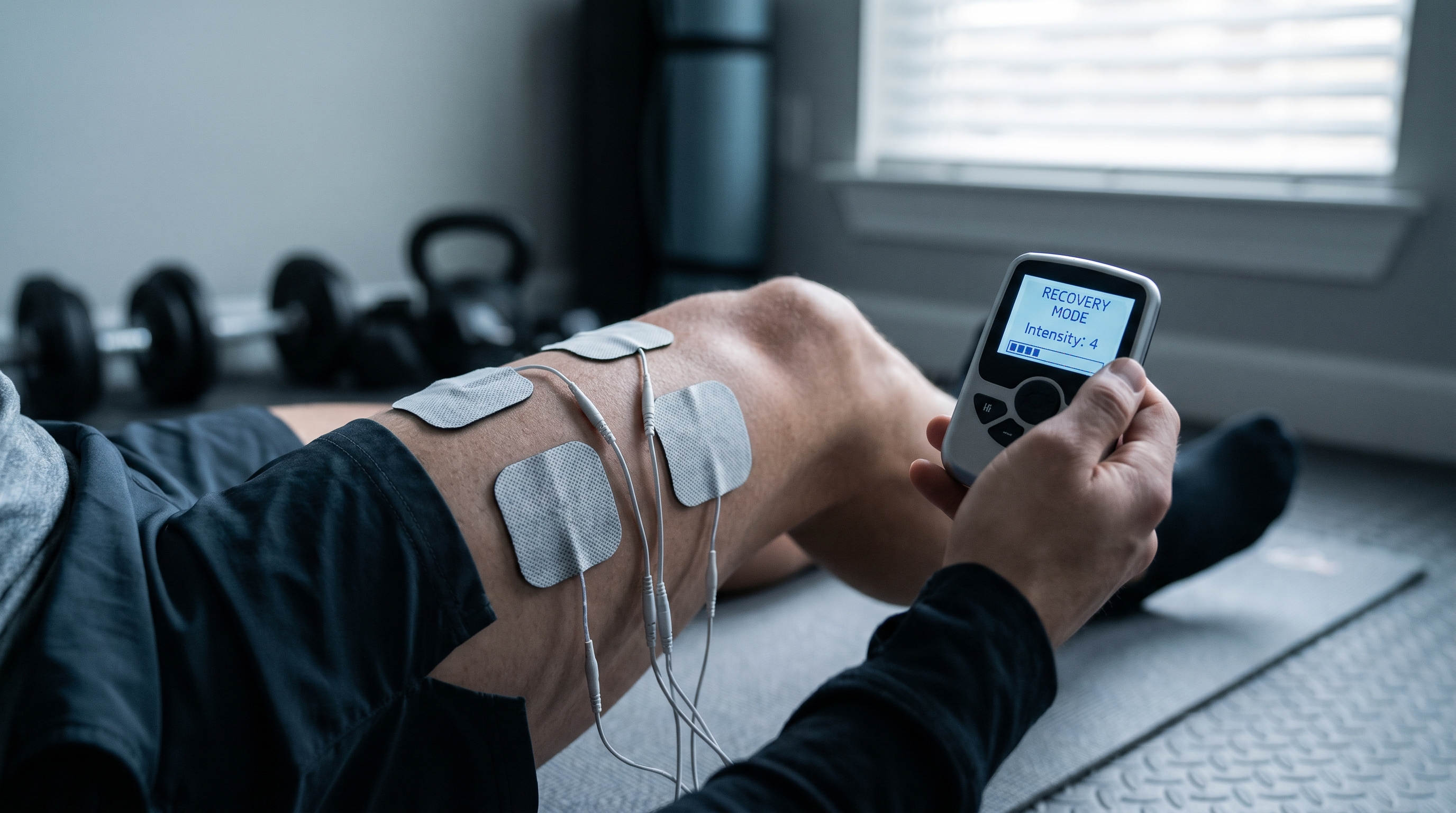 Person using EMS device on quadriceps during home muscle recovery session after exercise