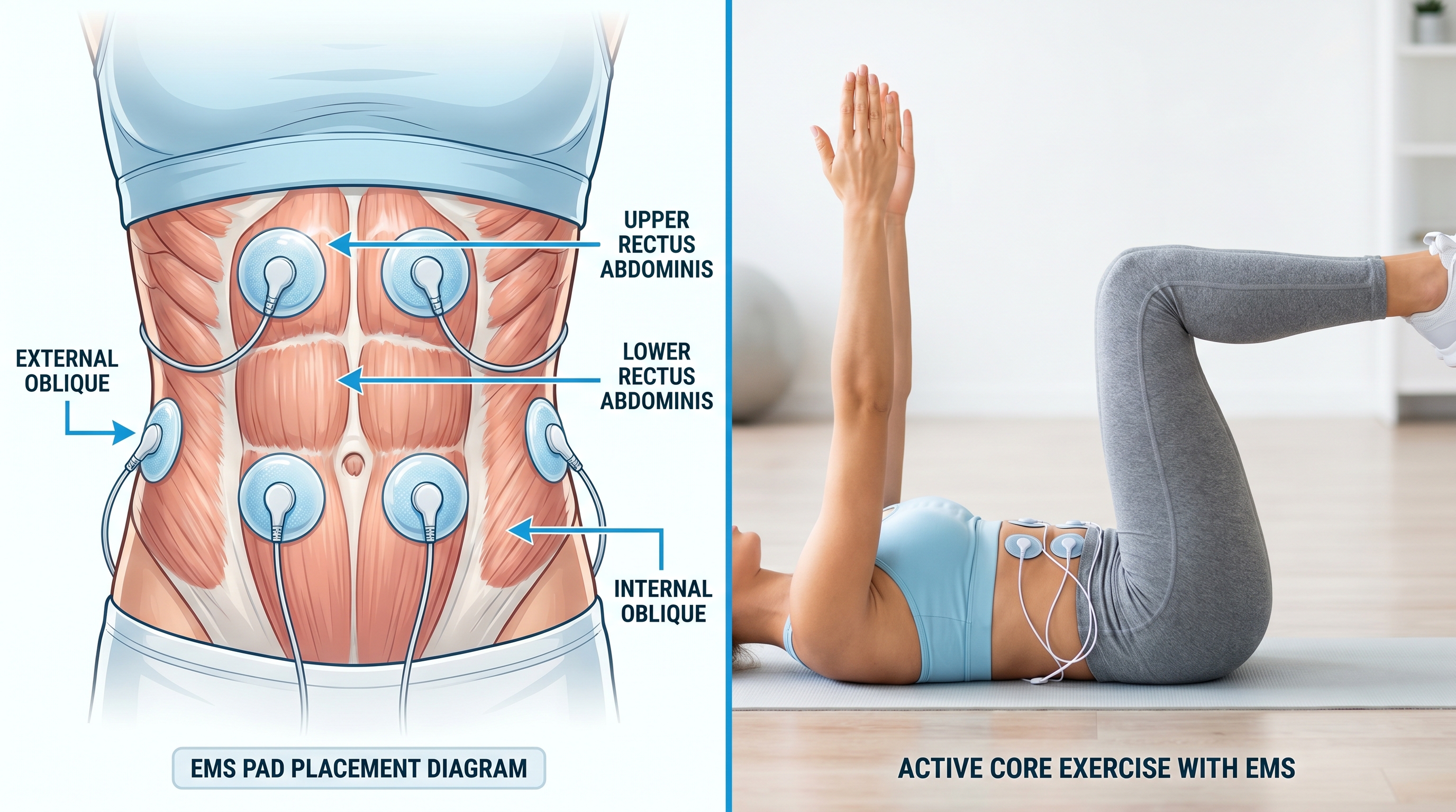 A split image showing EMS electrode pad placement on the abdomen with a person performing a core exercise simultaneously
