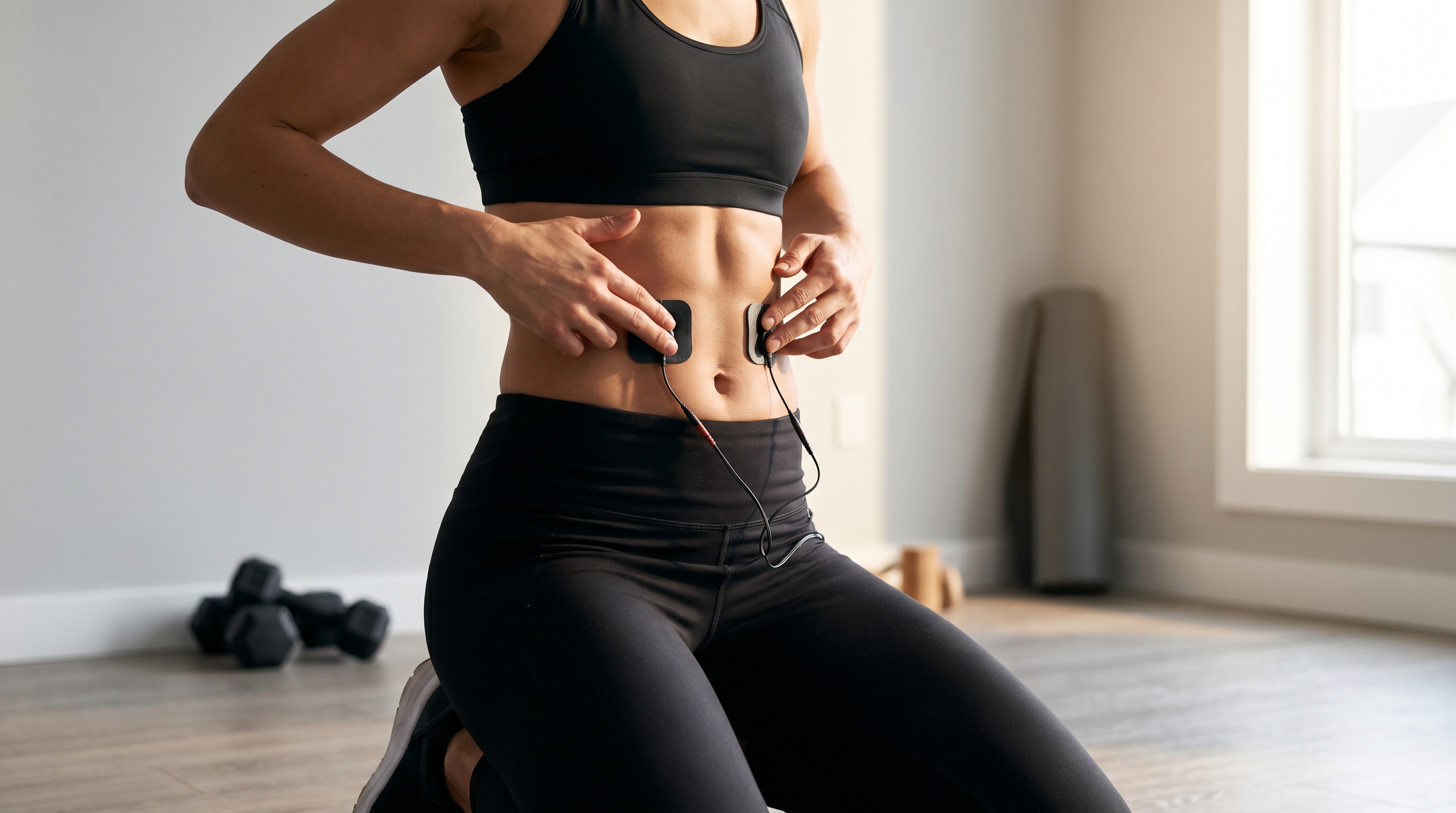 A person using EMS electrode pads on their core during an ab workout session