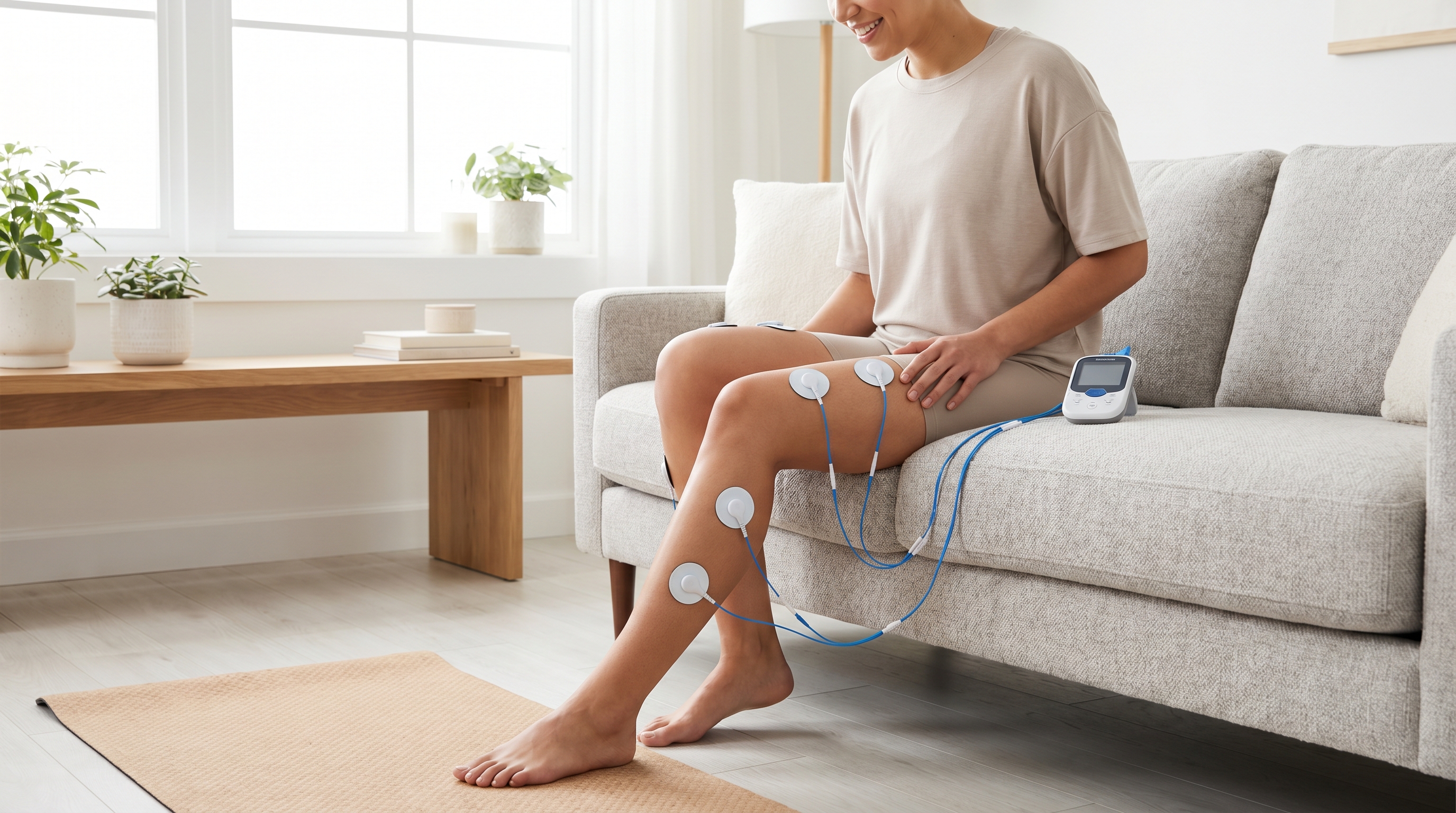 EMS device being used on leg muscles at home for muscle building and recovery