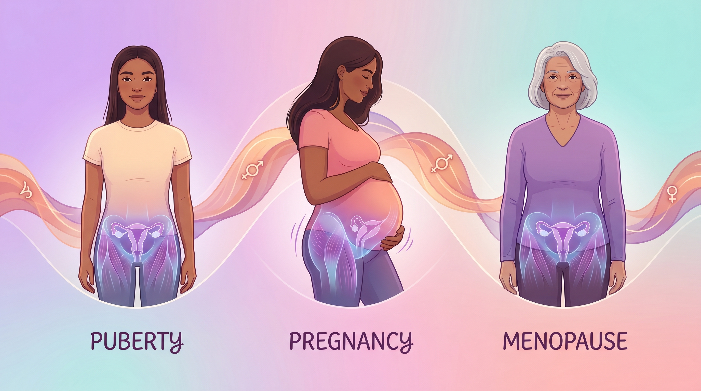 A woman at different life stages showing pelvic floor health and hormonal changes affecting muscle strength