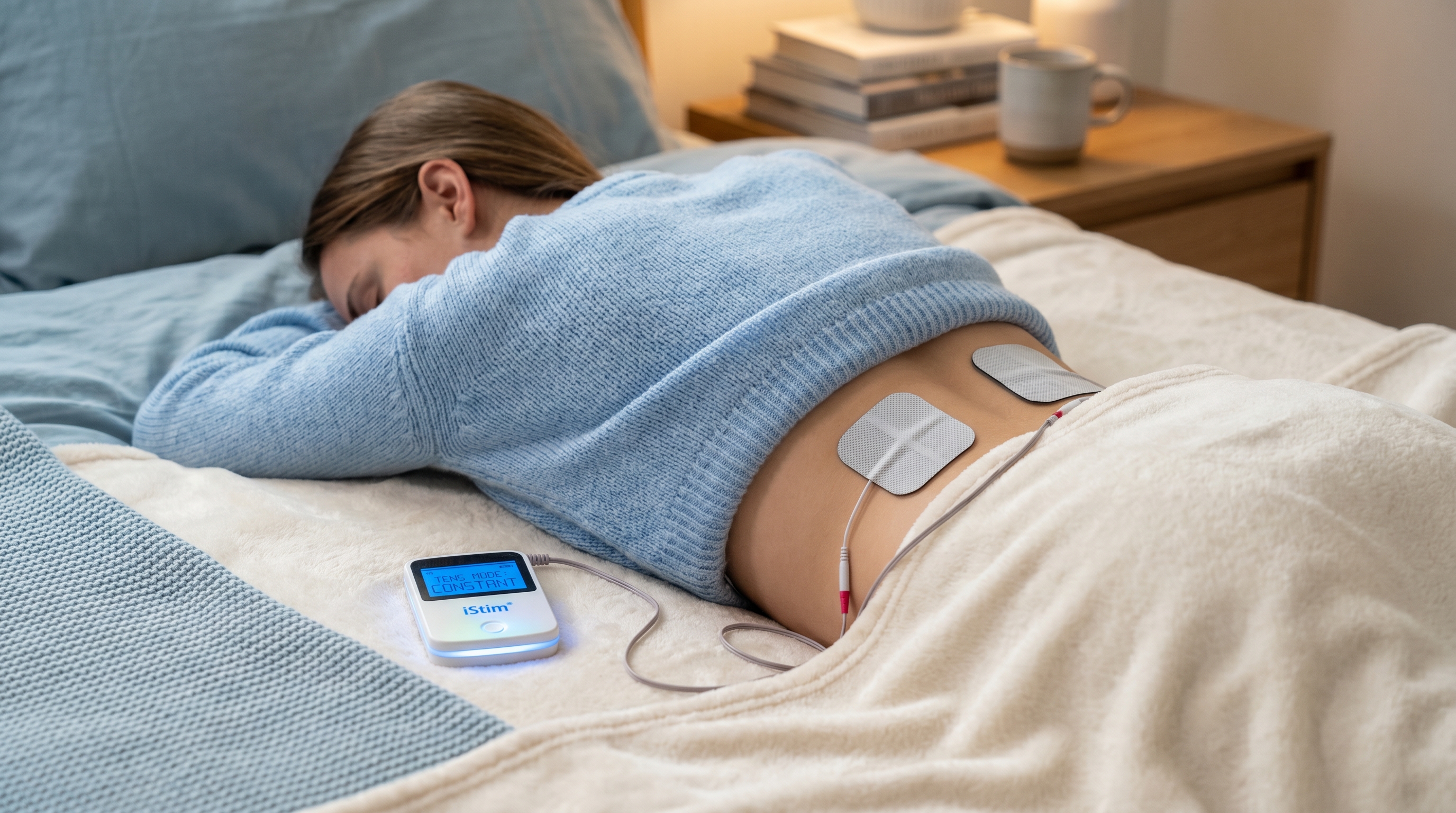 iStim electrotherapy device with electrode pads positioned on lower back for TENS pain relief therapy at home