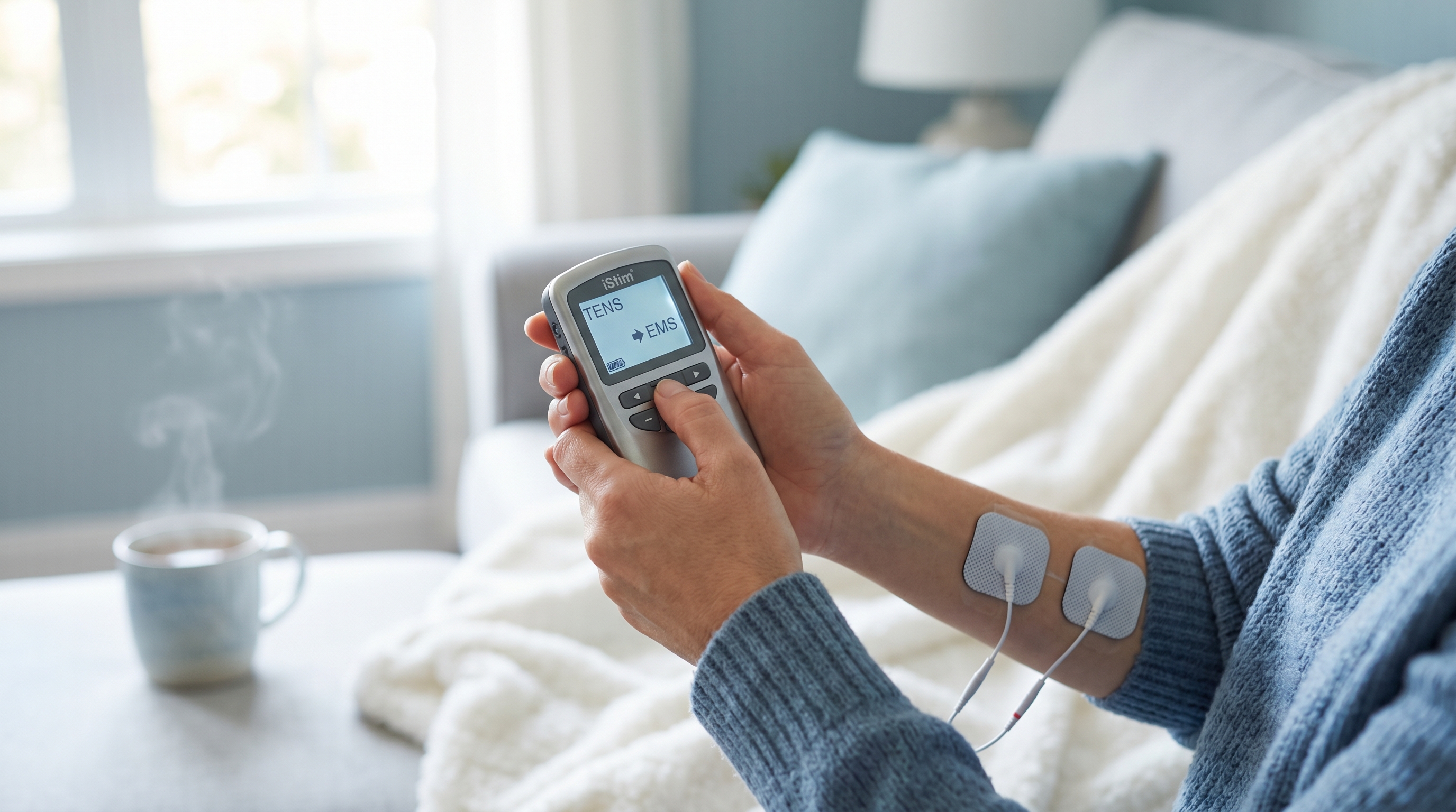 A person using an iStim electrotherapy device at home, switching between TENS and EMS modes for pain relief and muscle recovery