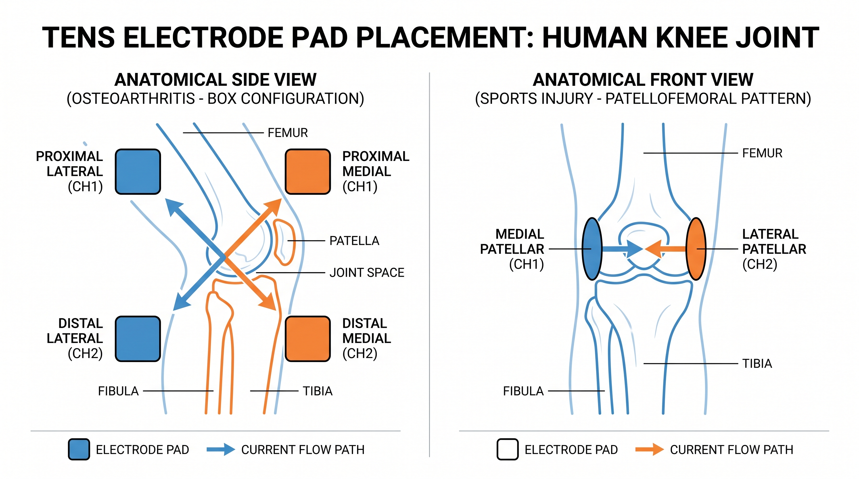 Diagram showing TENS electrode pad placement positions around the knee joint for osteoarthritis and sports injury relief