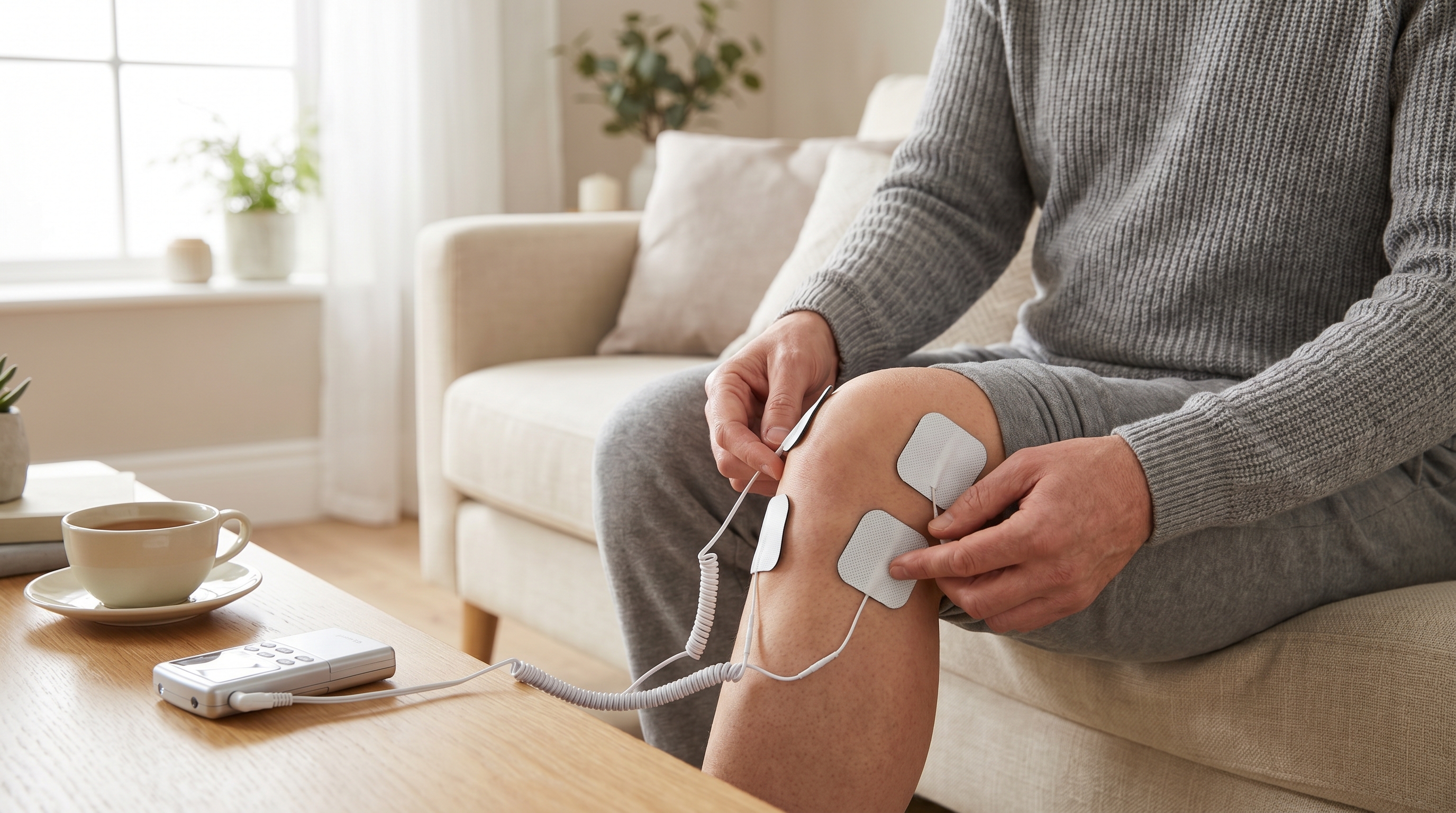 TENS pad placement on knee for pain relief therapy at home