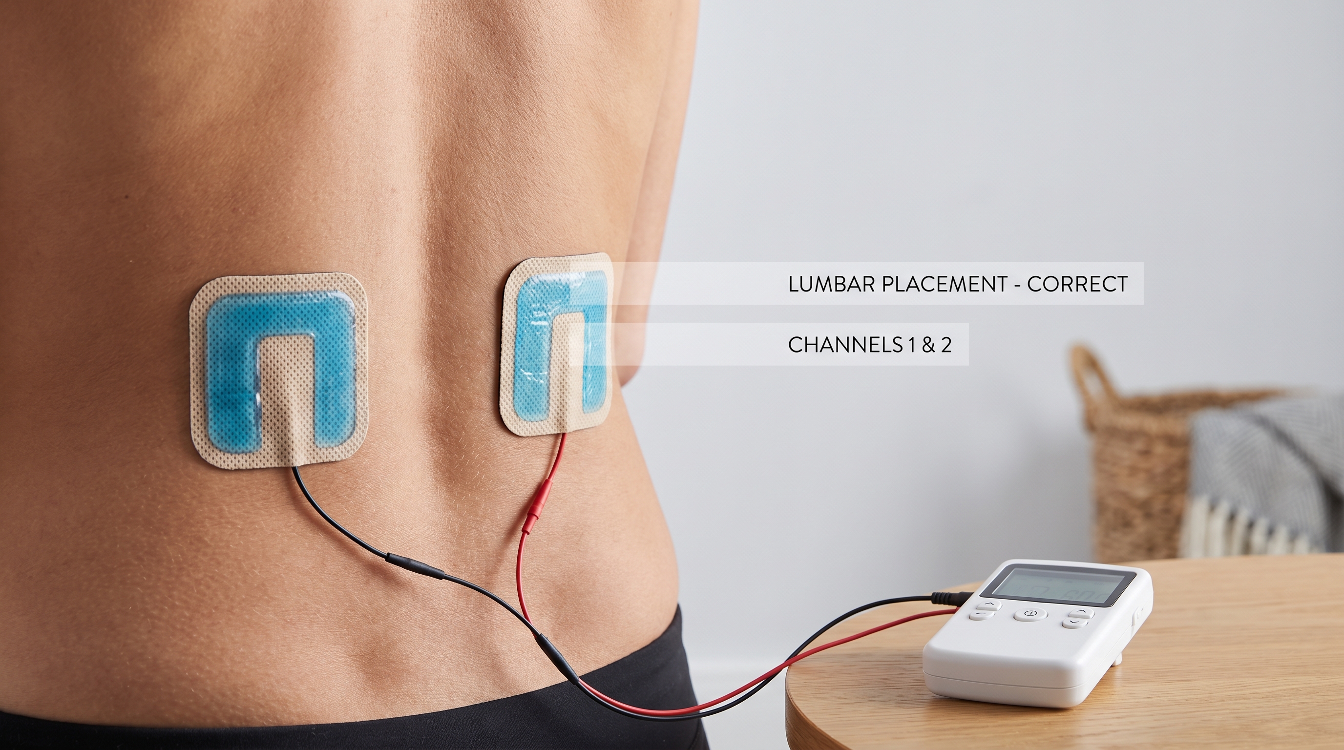 TENS unit electrode placement on lower back for chronic pain relief