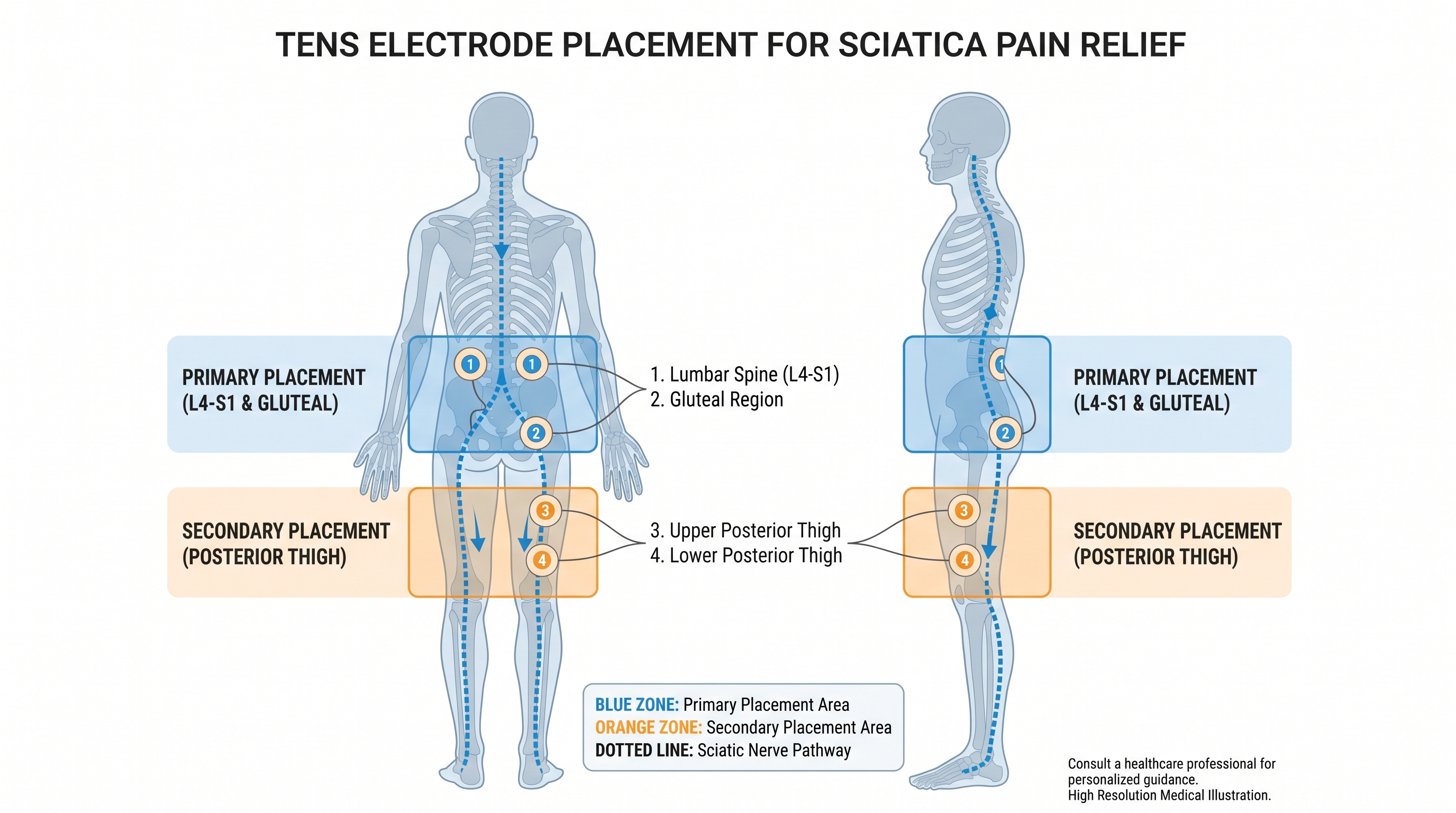 TENS electrode pad placement diagram for sciatic nerve pain relief on lower back and thigh