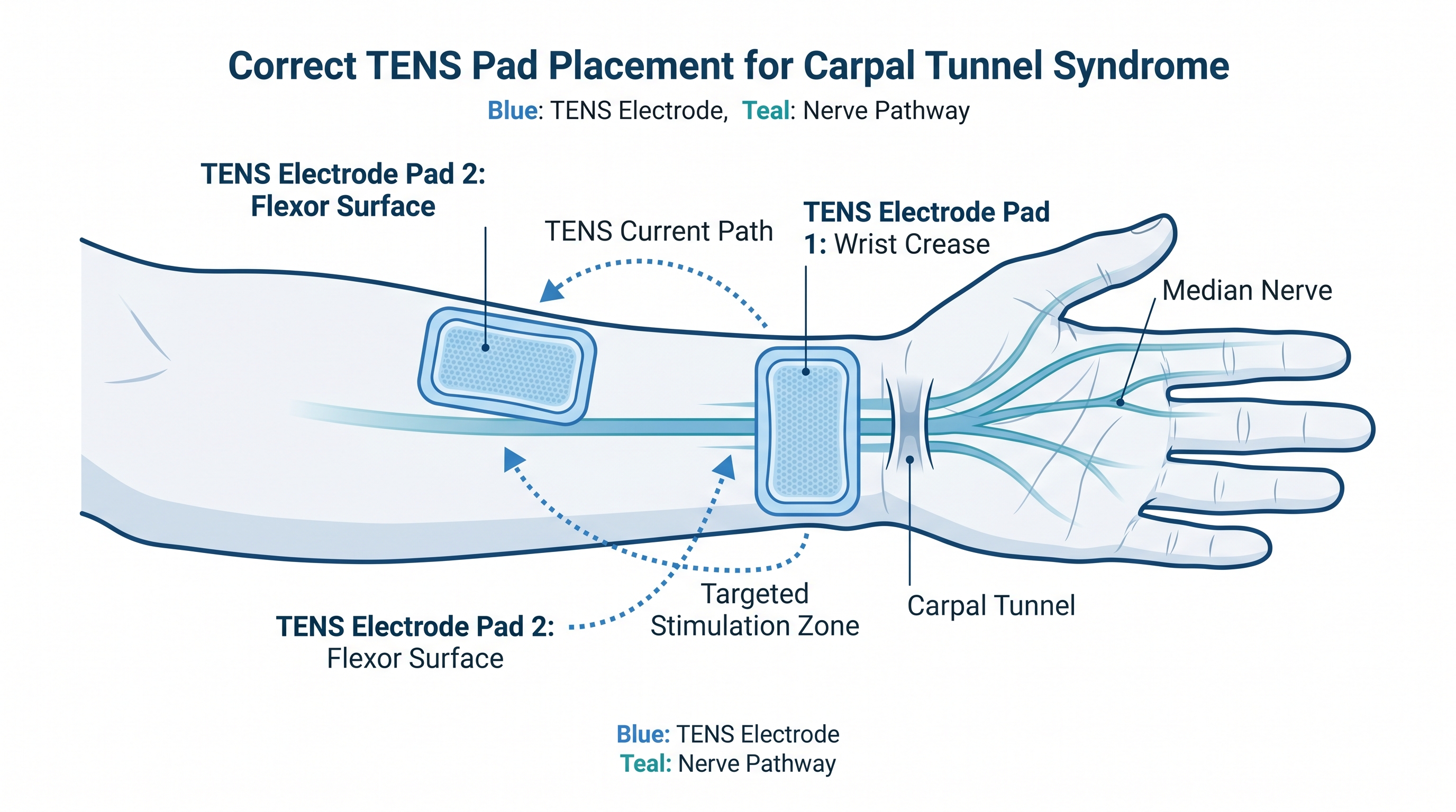 Electrode pad placement diagram on inner wrist and forearm for TENS carpal tunnel therapy