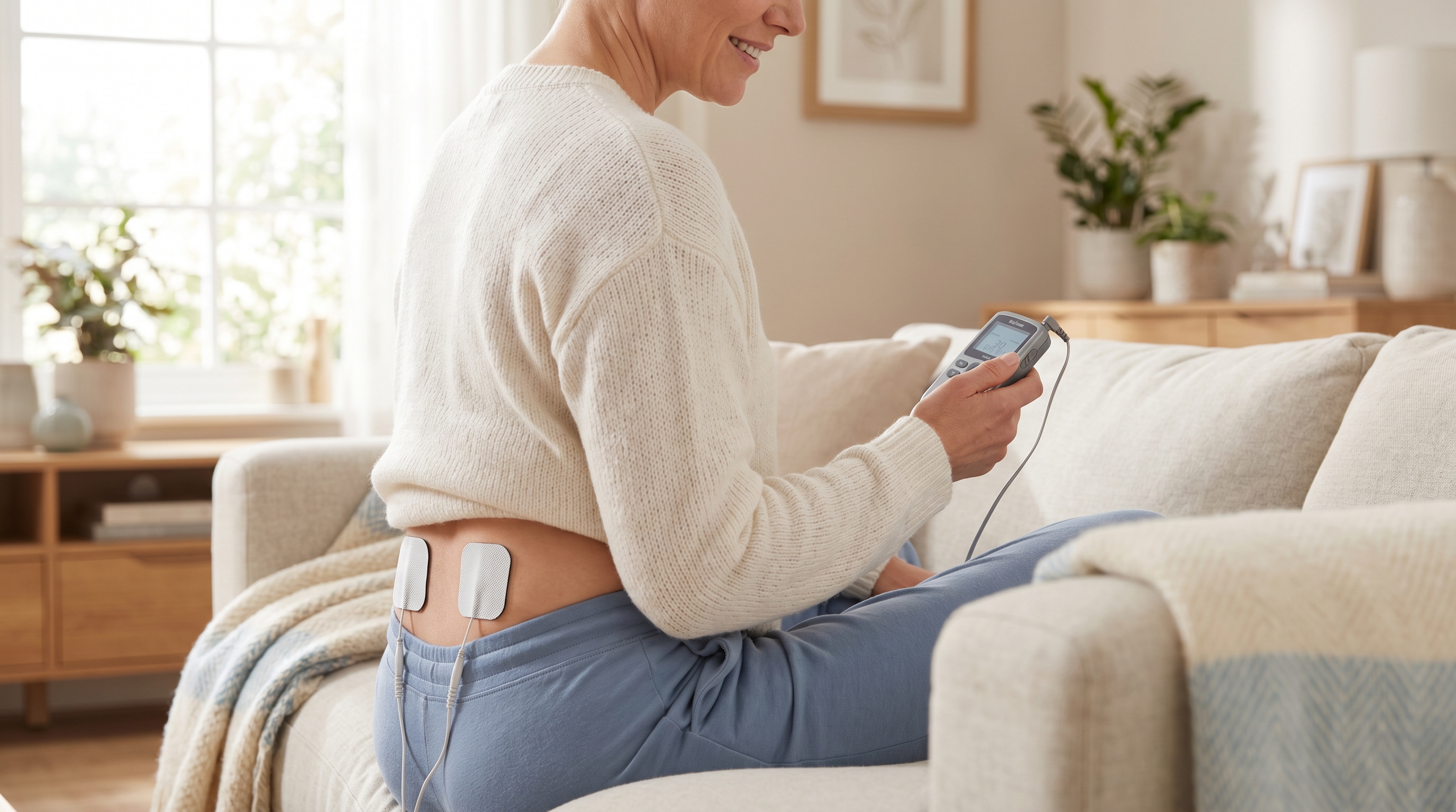 A person using a TENS machine at home for drug-free pain relief and muscle stimulation