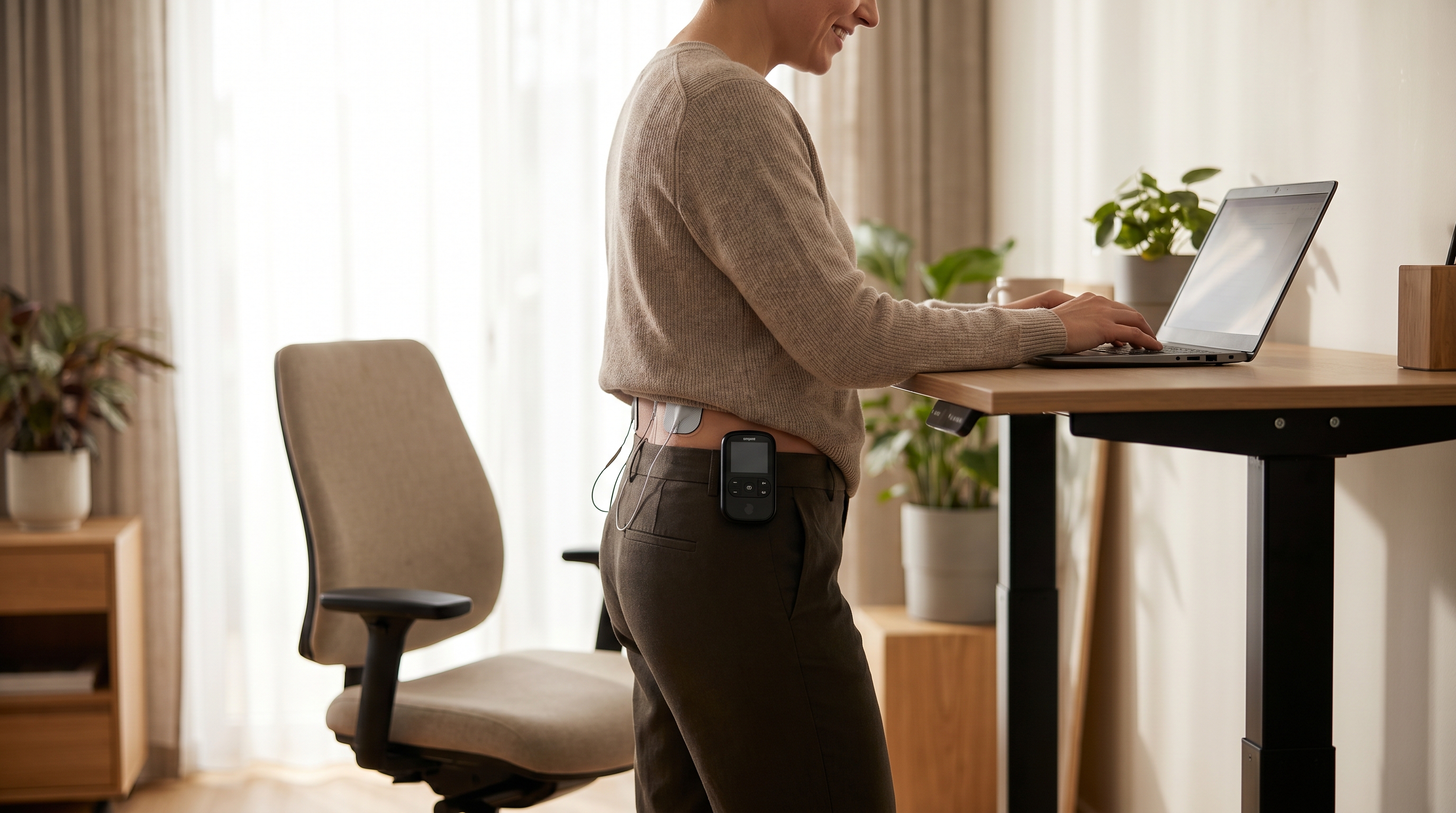 A person using a TENS unit on their lower back while working at a standing desk