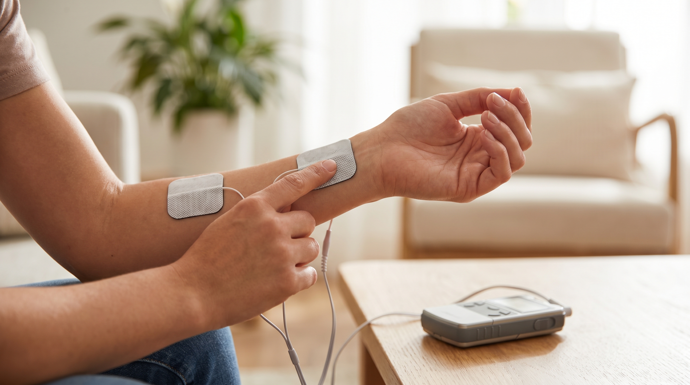 A person using a TENS unit on their wrist for carpal tunnel syndrome pain relief at home