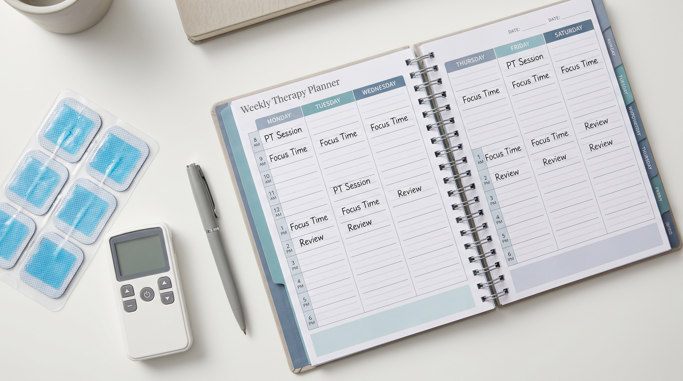 A weekly TENS therapy planner laid out on a desk with a TENS unit and electrode pads