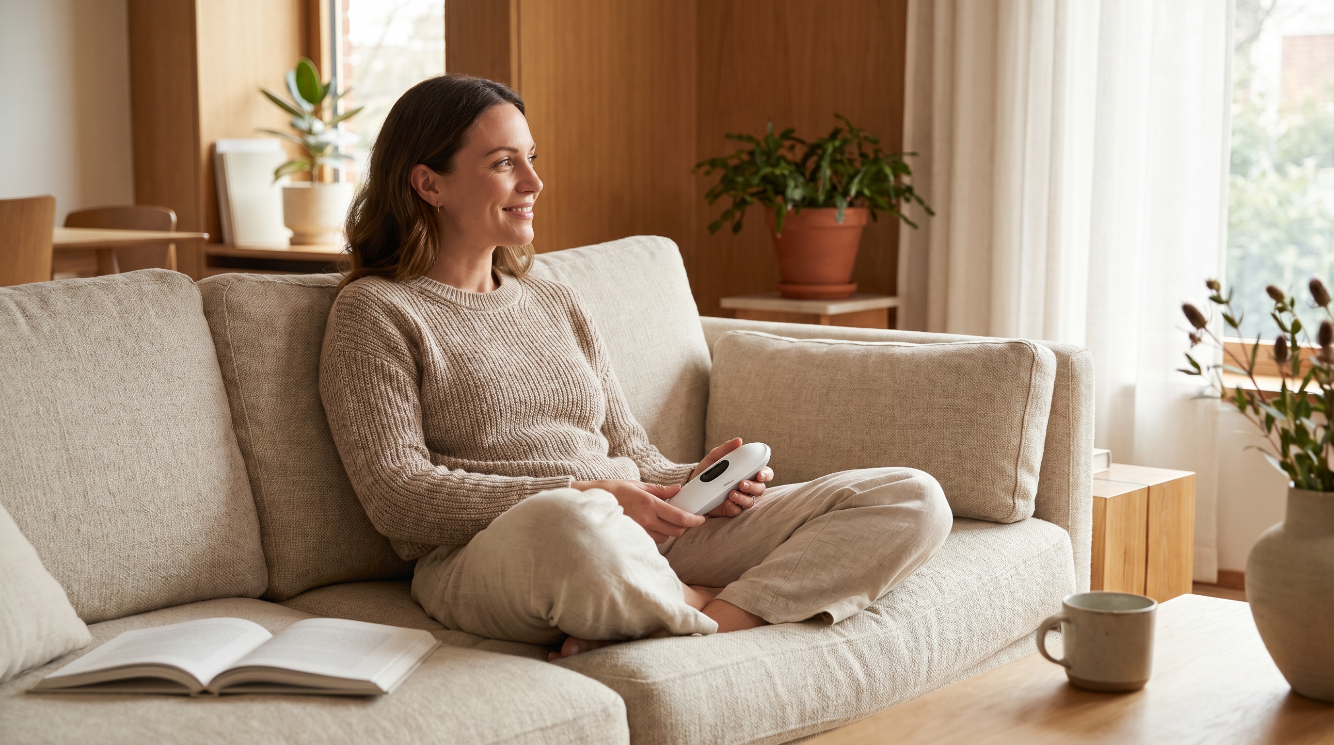 Woman using pelvic floor electrotherapy device at home for muscle stimulation and pelvic floor rehabilitation